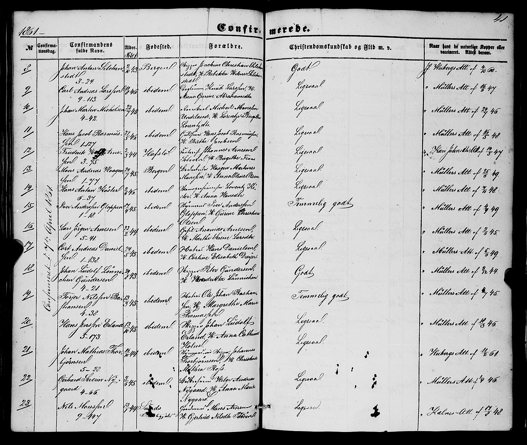 Nykirken Sokneprestembete, SAB/A-77101/H/Haa/L0023: Parish register (official) no. C 2, 1851-1863, p. 41