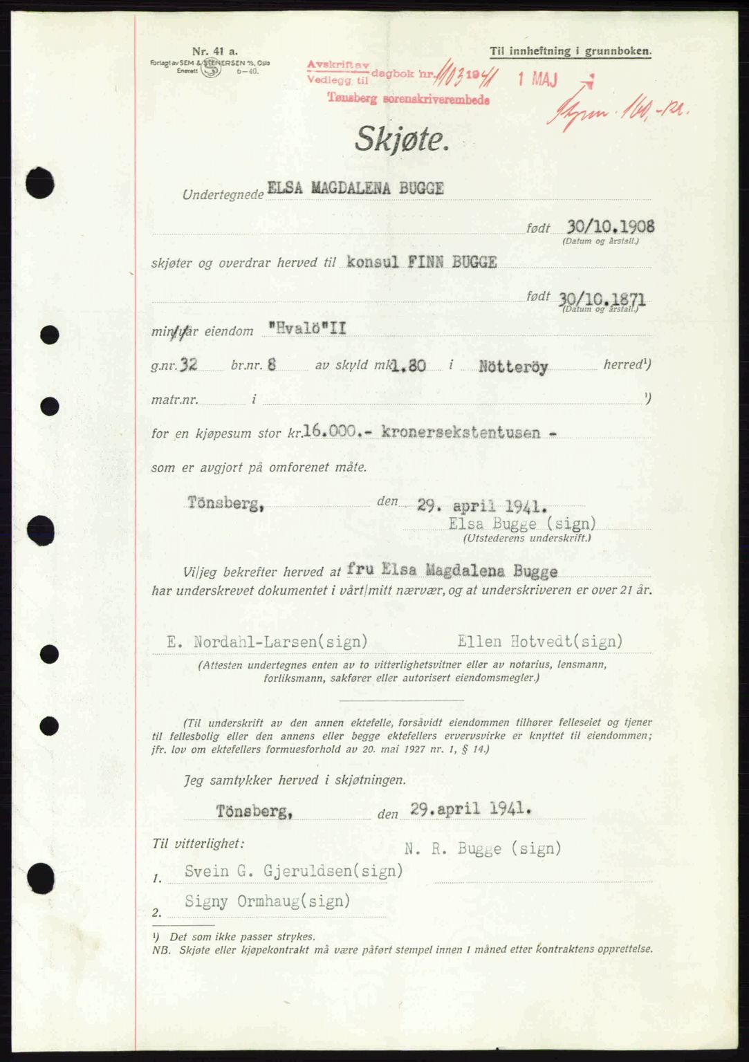 Tønsberg sorenskriveri, AV/SAKO-A-130/G/Ga/Gaa/L0010: Mortgage book no. A10, 1941-1941, Diary no: : 1103/1941