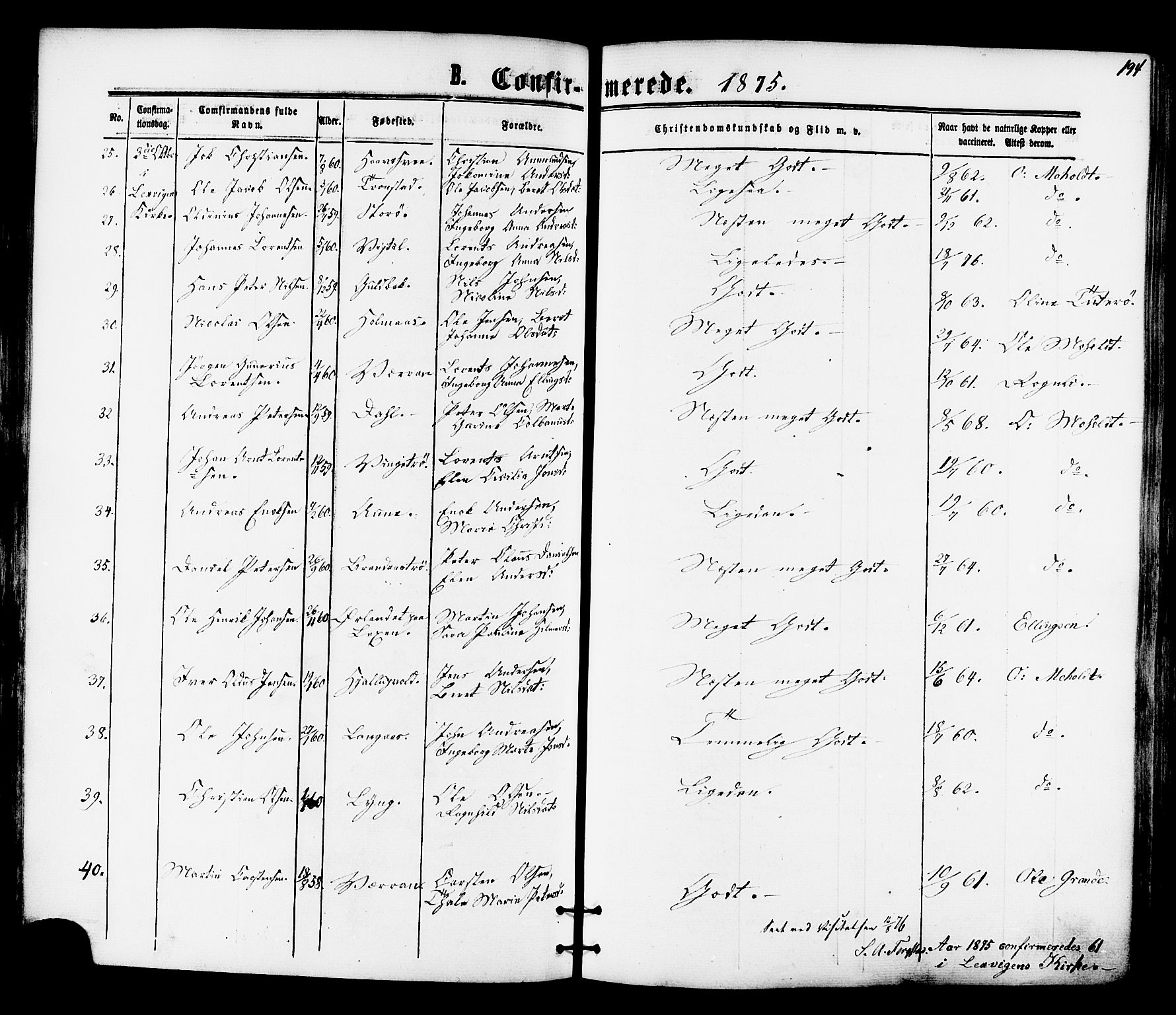 Ministerialprotokoller, klokkerbøker og fødselsregistre - Nord-Trøndelag, SAT/A-1458/701/L0009: Parish register (official) no. 701A09 /1, 1864-1882, p. 194