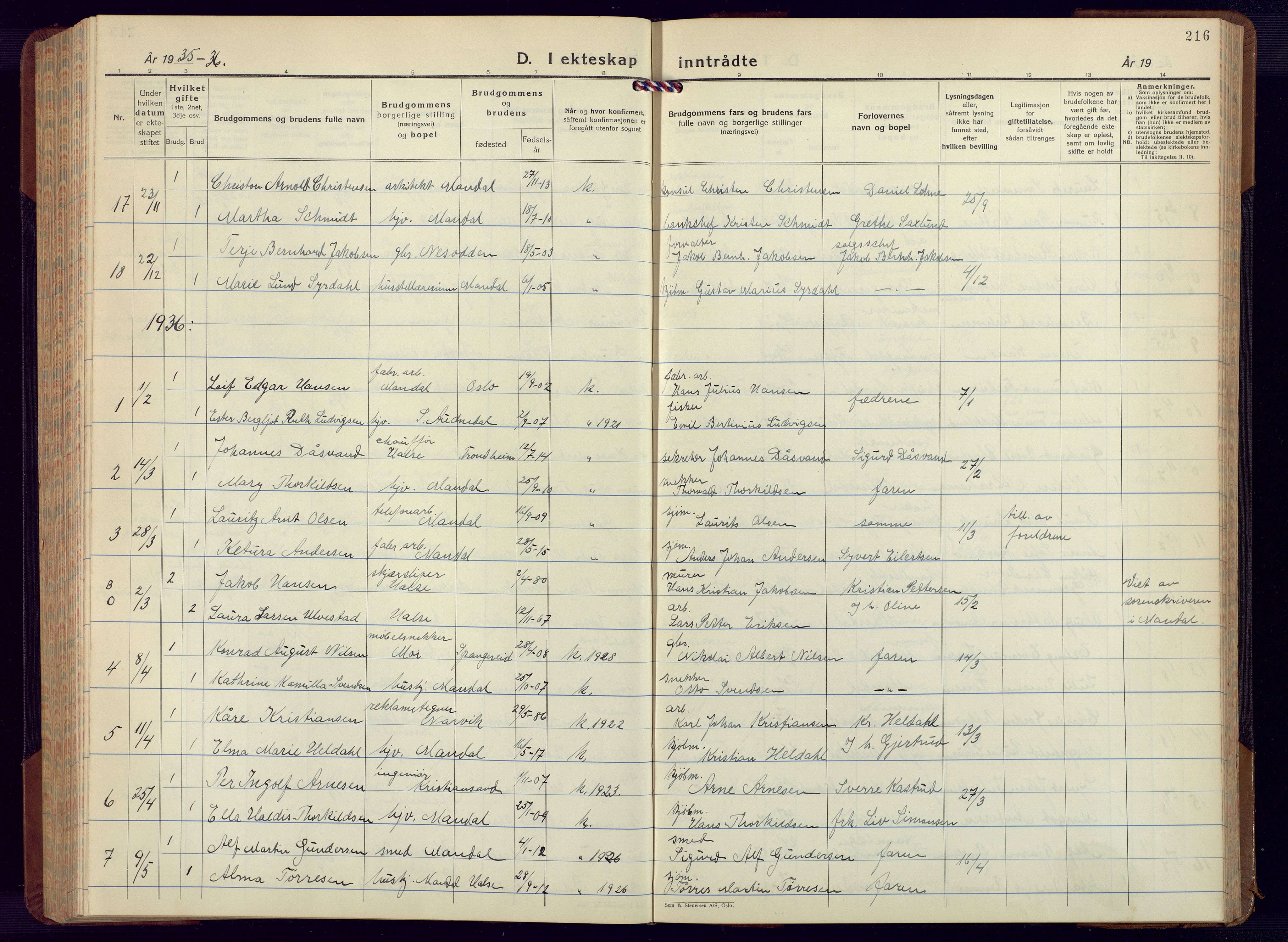 Mandal sokneprestkontor, AV/SAK-1111-0030/F/Fb/Fbc/L0002: Parish register (copy) no. B 2, 1931-1949, p. 216