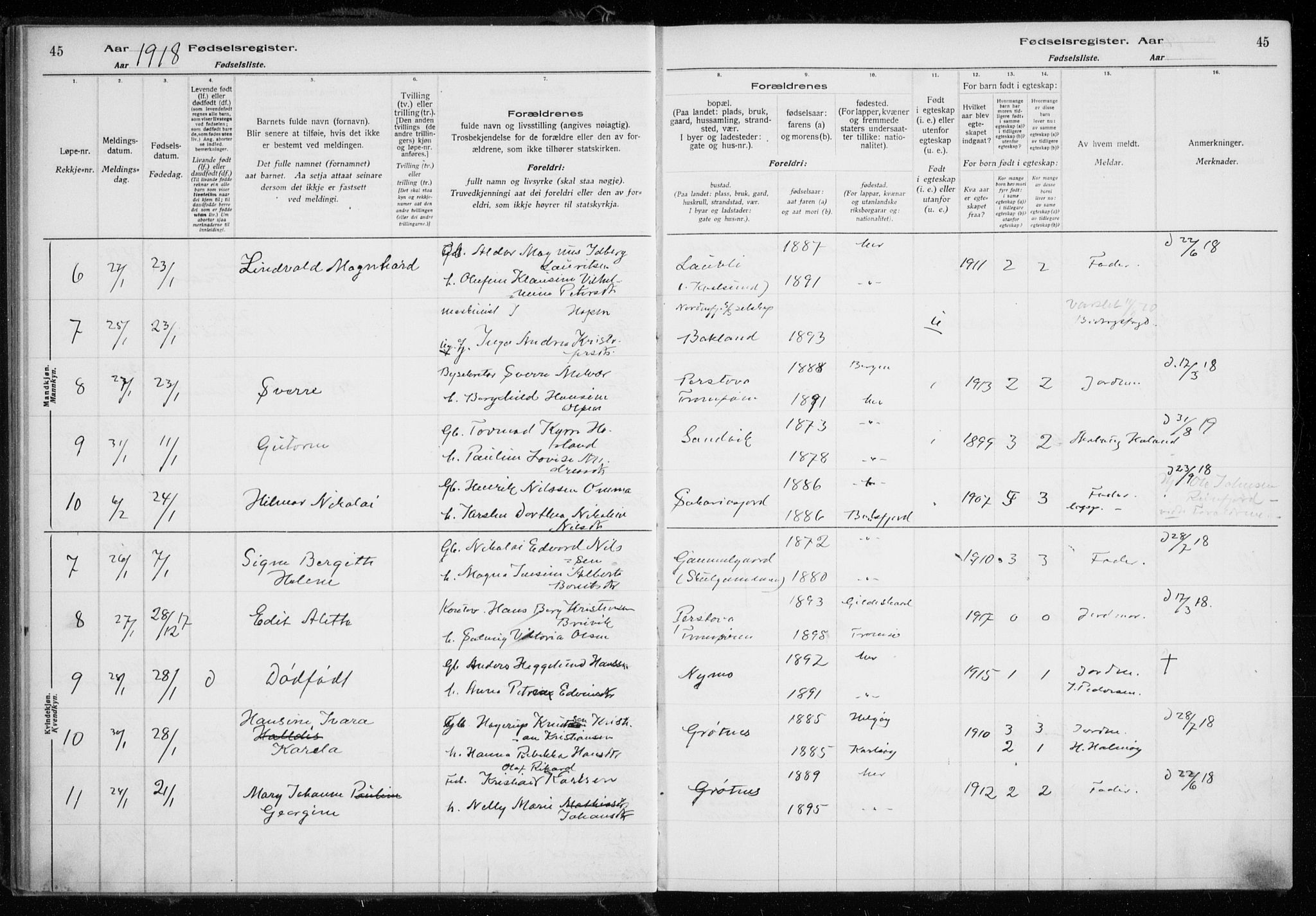 Tromsøysund sokneprestkontor, AV/SATØ-S-1304/H/Ha/L0079: Birth register no. 79, 1916-1924, p. 45