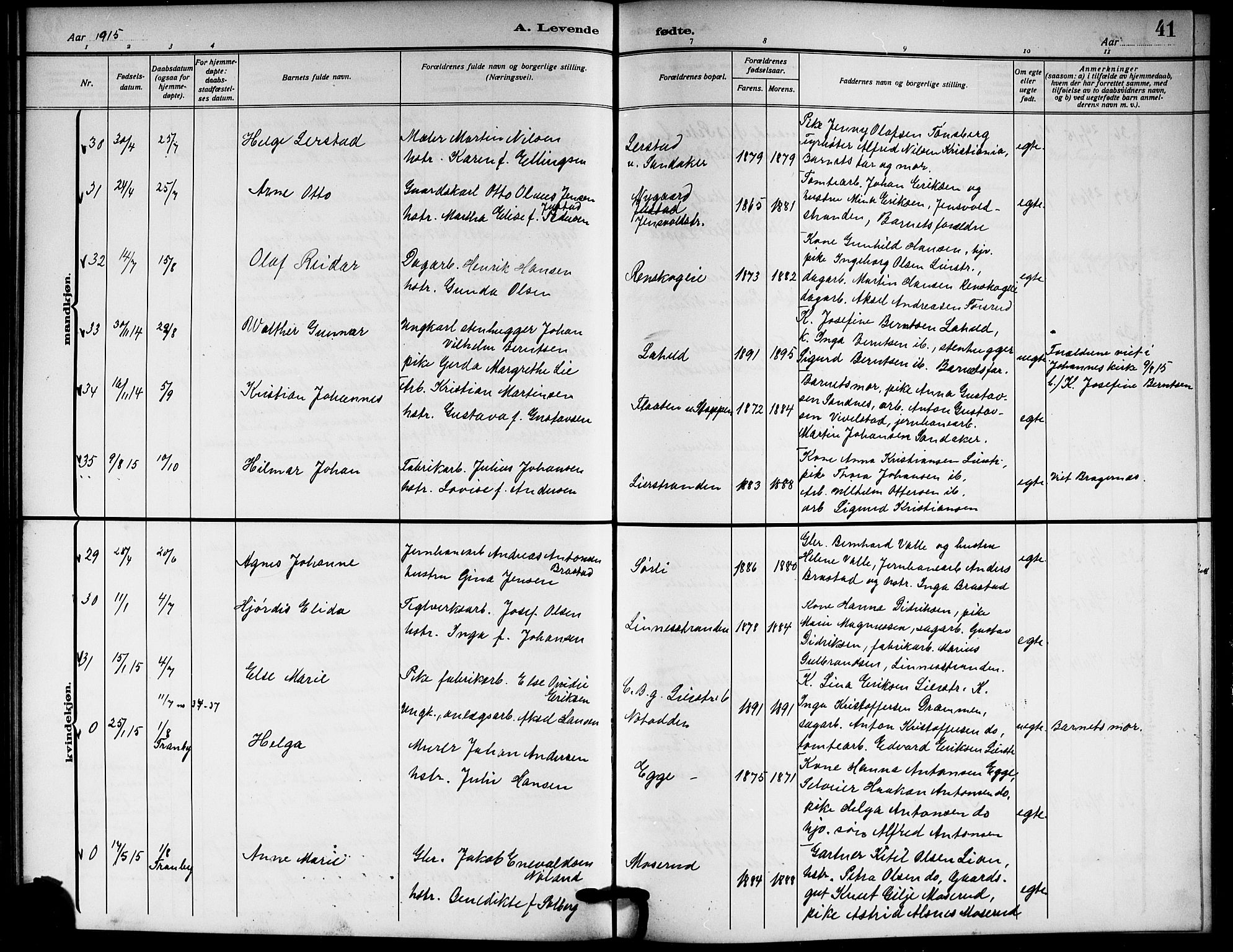 Lier kirkebøker, AV/SAKO-A-230/G/Gb/L0003: Parish register (copy) no. II 3, 1911-1919, p. 41