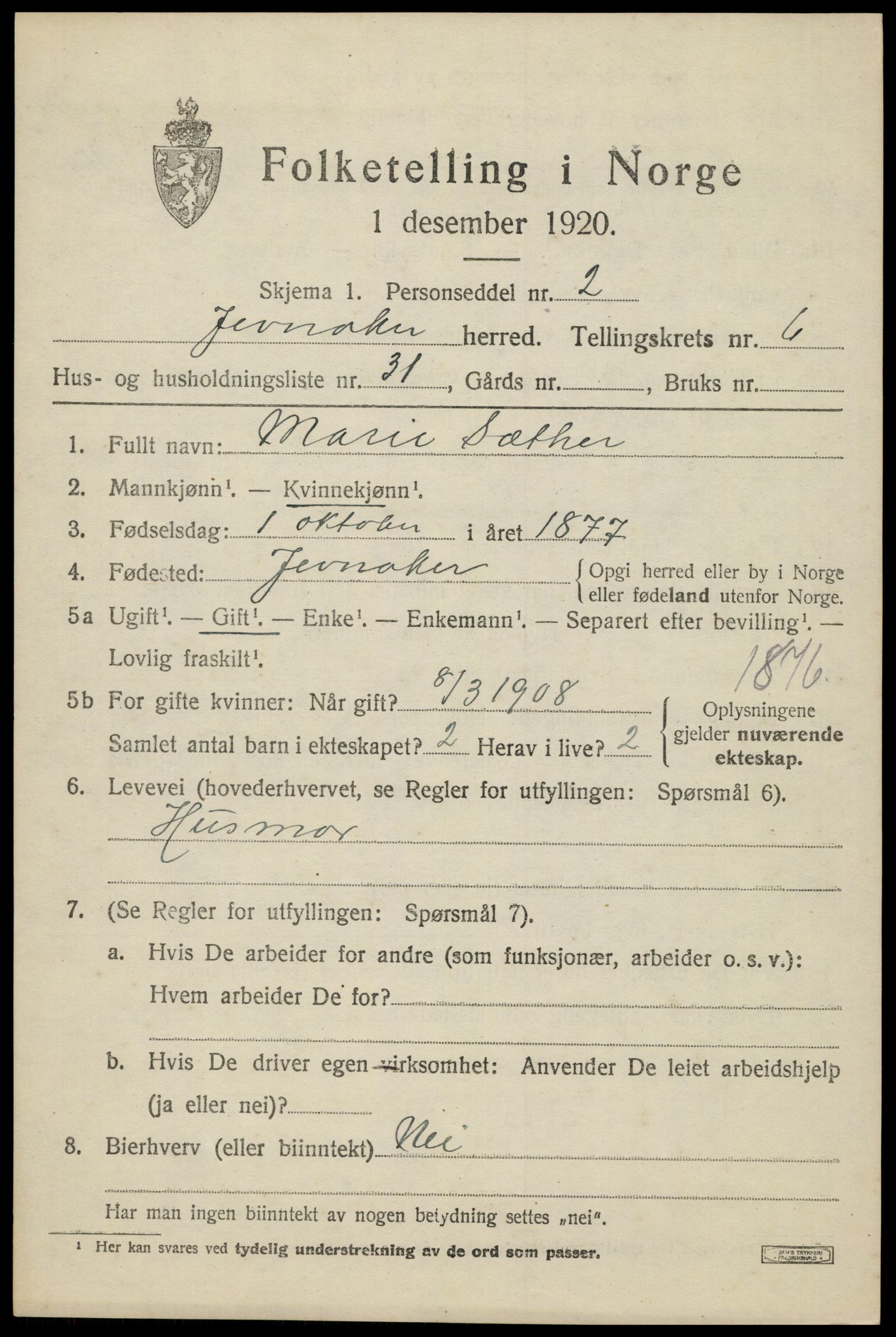 SAH, 1920 census for Jevnaker, 1920, p. 9161