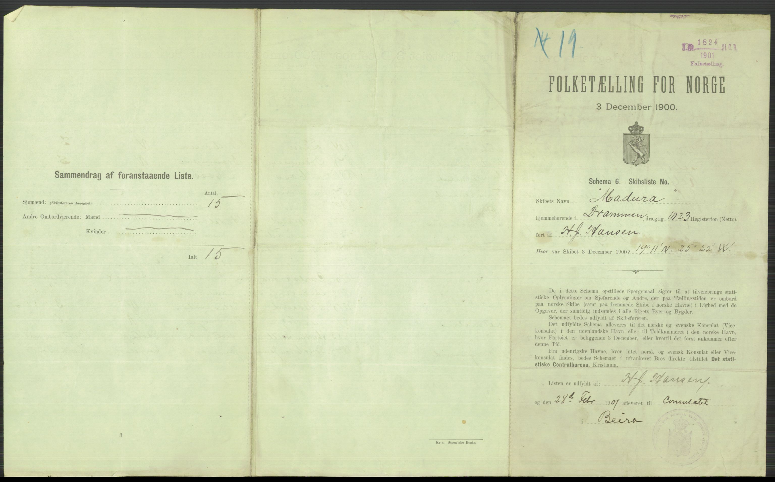 RA, 1900 Census - ship lists from ships in Norwegian harbours, harbours abroad and at sea, 1900, p. 6039