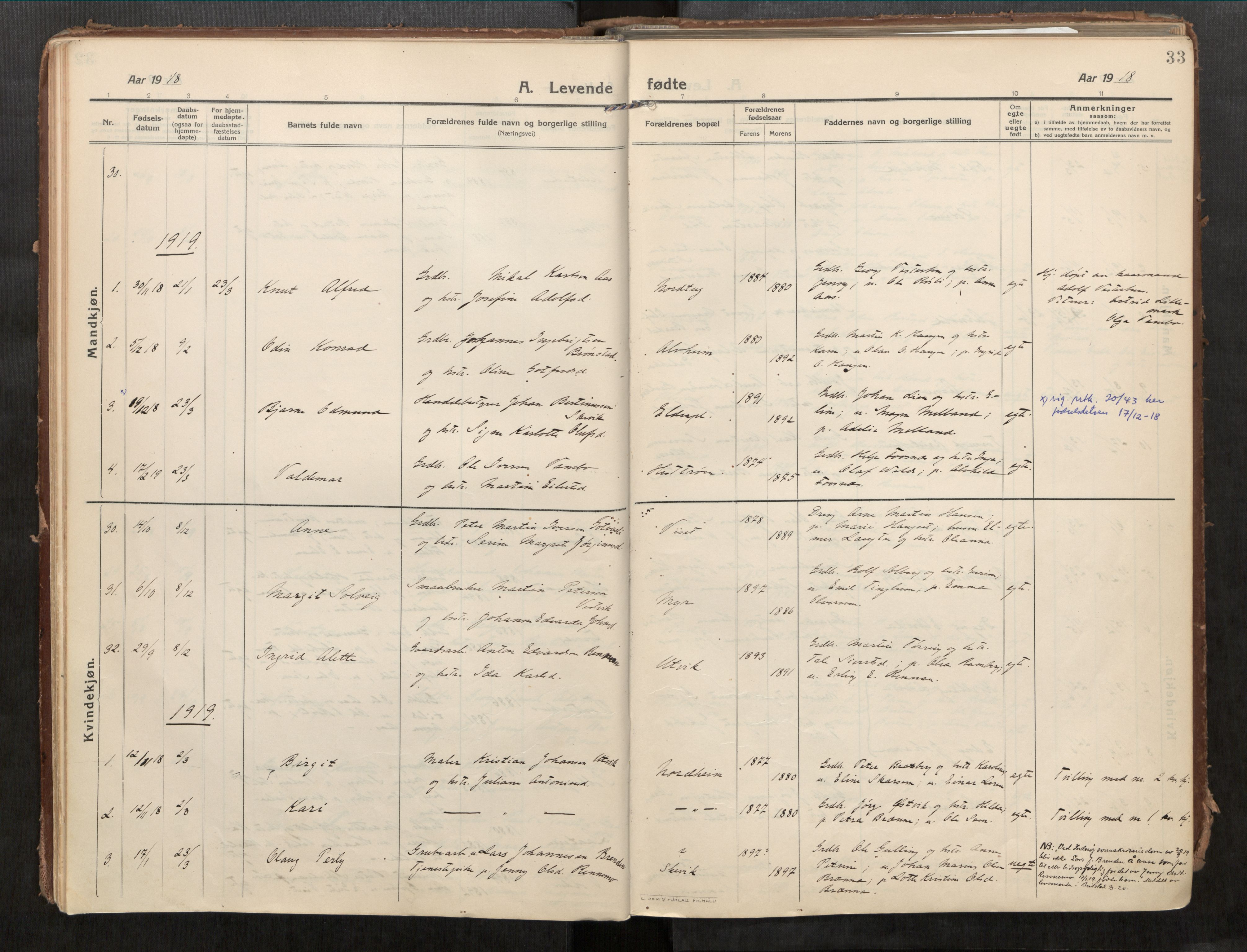 Beitstad sokneprestkontor, SAT/A-1162/I/I1/I1a/L0001: Parish register (official) no. 1, 1912-1927, p. 33