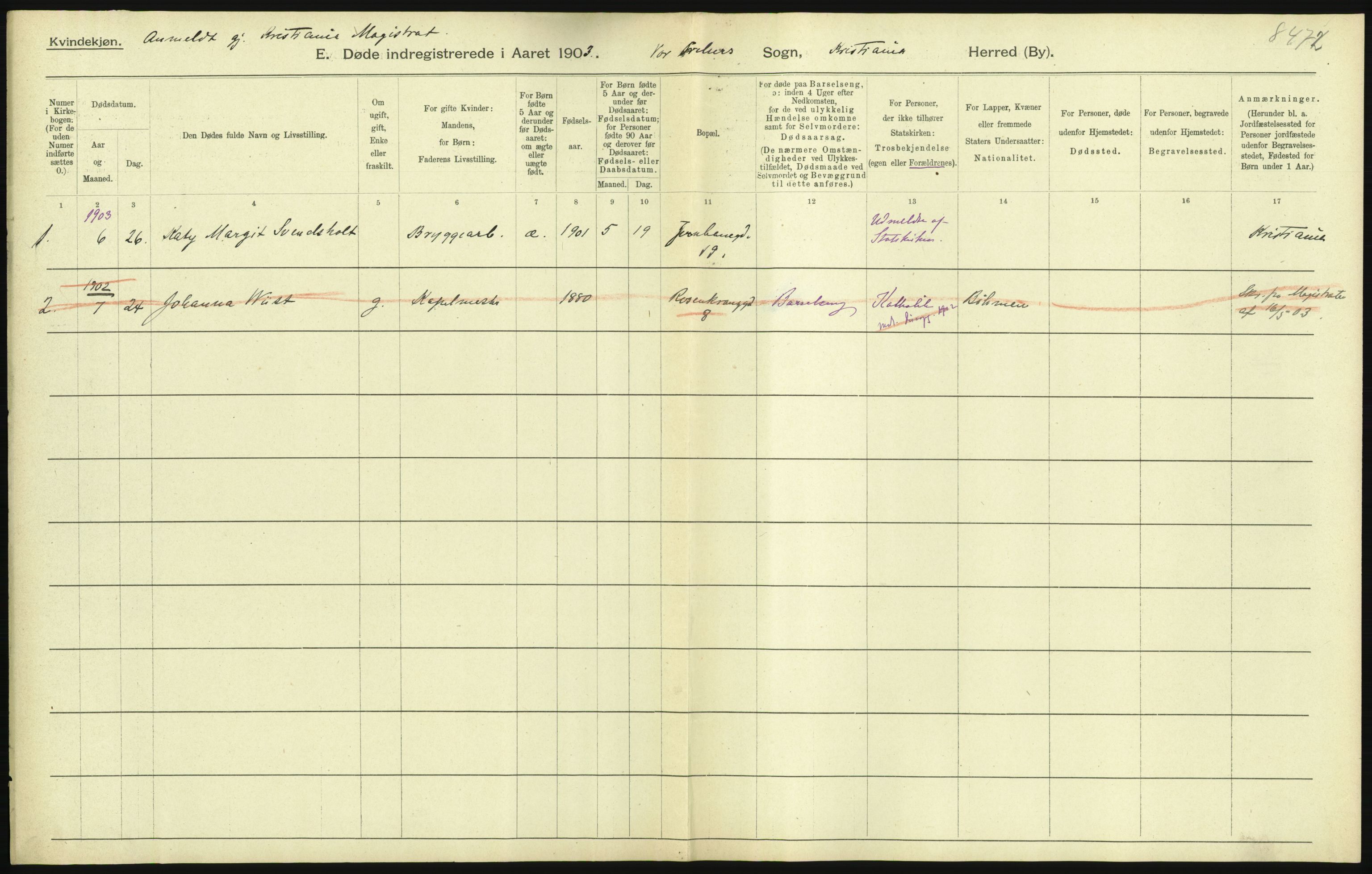 Statistisk sentralbyrå, Sosiodemografiske emner, Befolkning, AV/RA-S-2228/D/Df/Dfa/Dfaa/L0004: Kristiania: Gifte, døde, 1903, p. 121