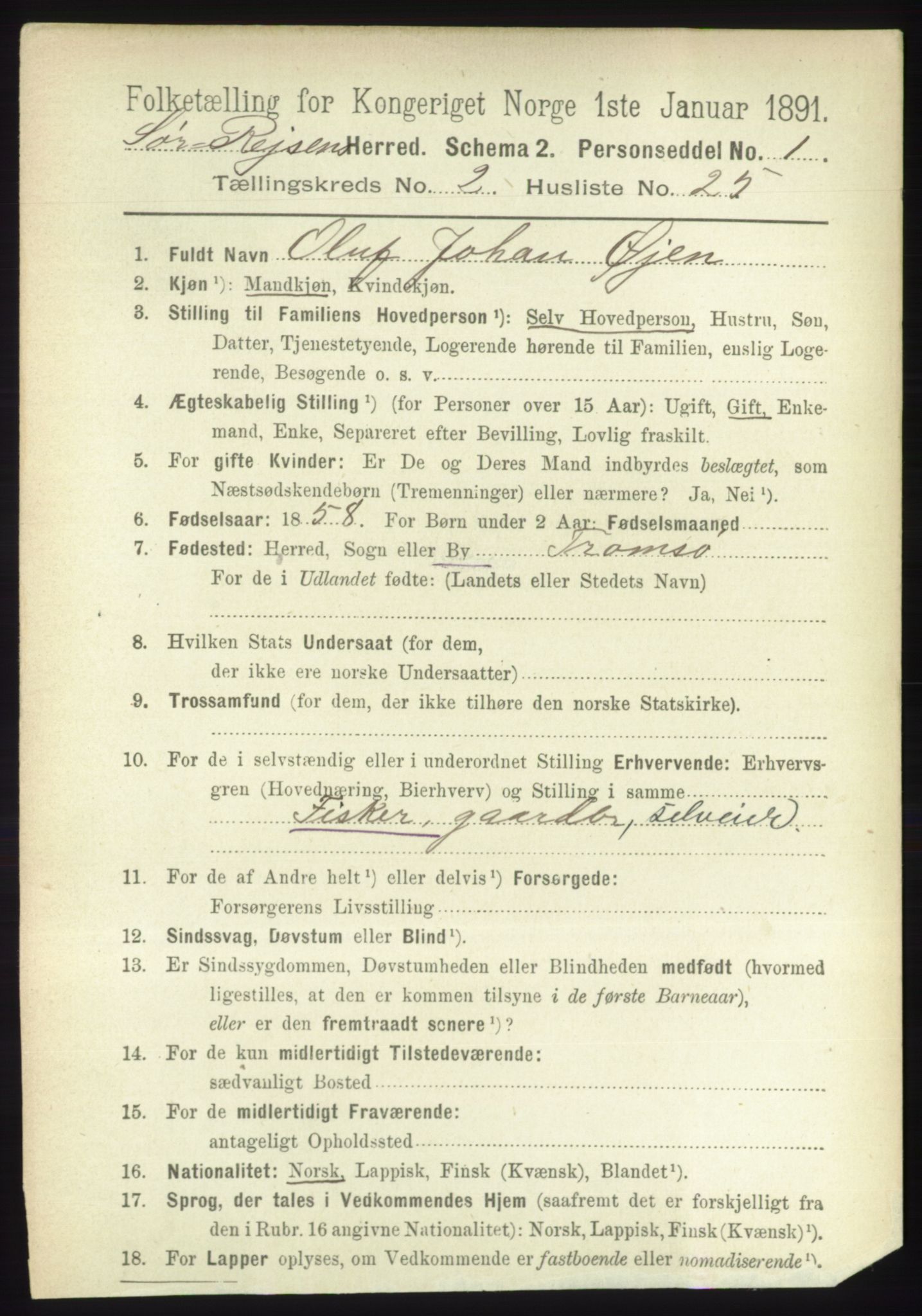 RA, 1891 census for 1925 Sørreisa, 1891, p. 514