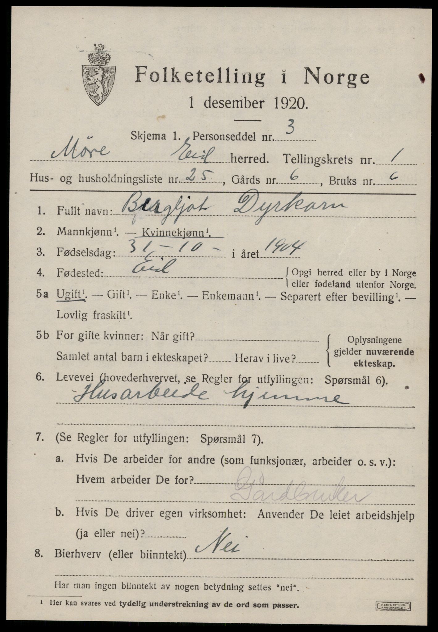 SAT, 1920 census for Eid, 1920, p. 485