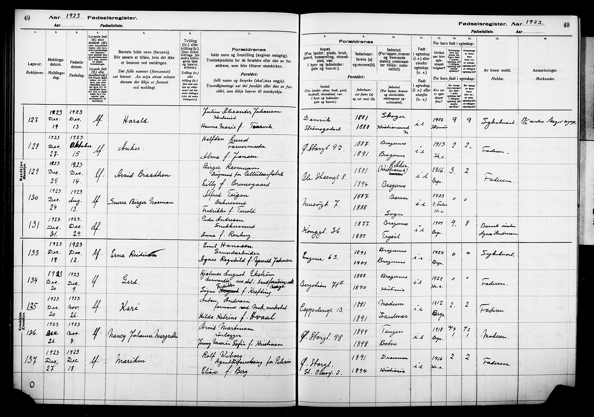 Bragernes kirkebøker, AV/SAKO-A-6/J/Ja/L0002: Birth register no. 2, 1922-1930, p. 49