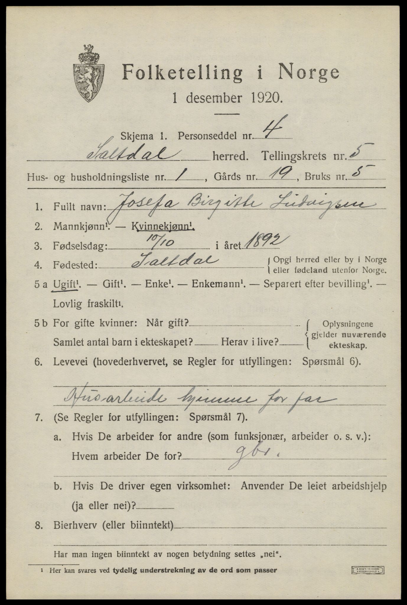 SAT, 1920 census for Saltdal, 1920, p. 6437