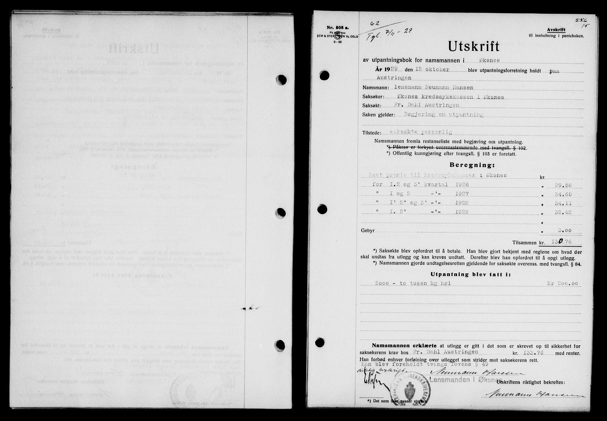 Vesterålen sorenskriveri, AV/SAT-A-4180/1/2/2Ca/L0050: Mortgage book no. 43, 1929-1930, Deed date: 07.11.1929