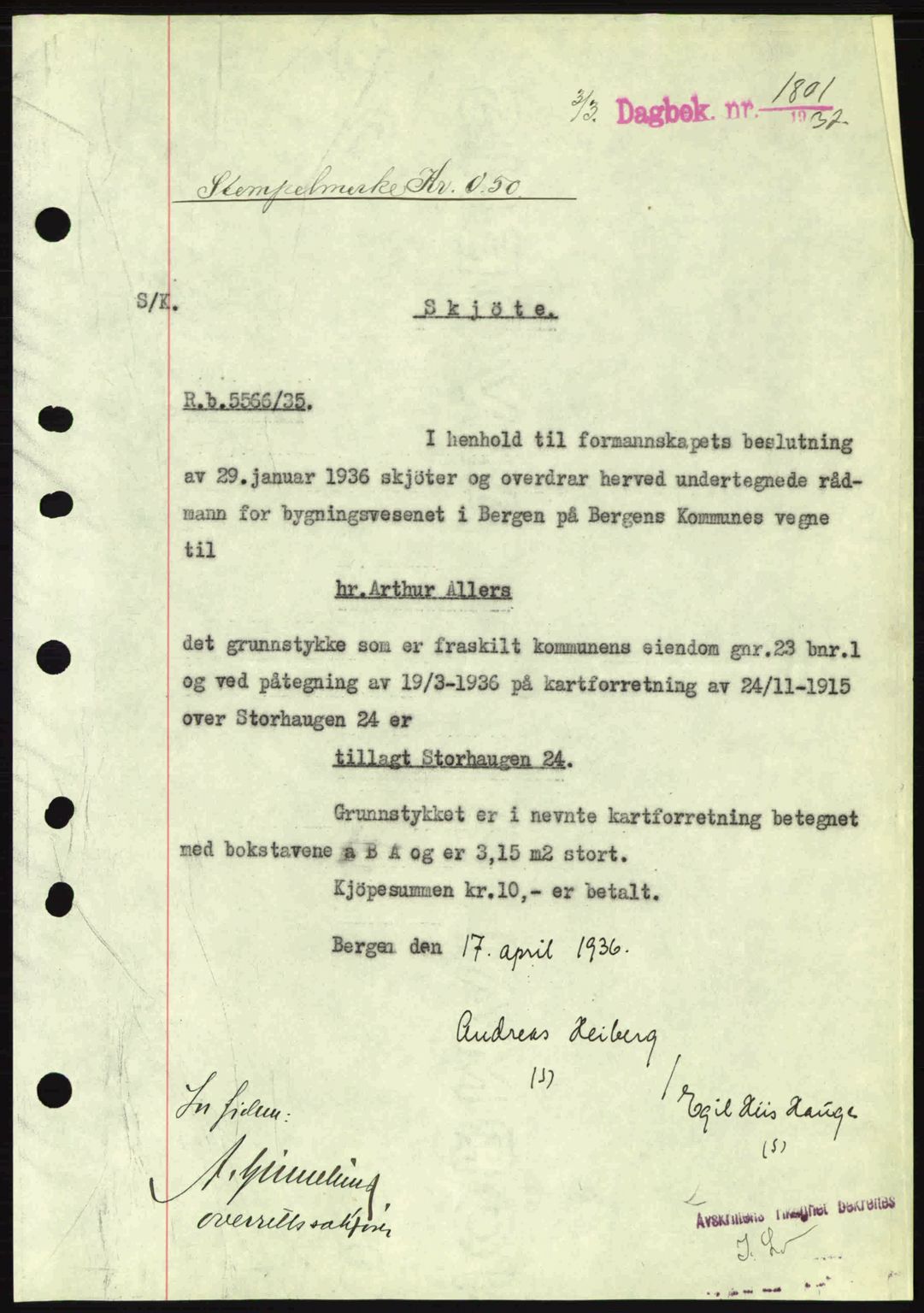 Byfogd og Byskriver i Bergen, SAB/A-3401/03/03Bc/L0004: Mortgage book no. A3-4, 1936-1937, Diary no: : 1801/1937