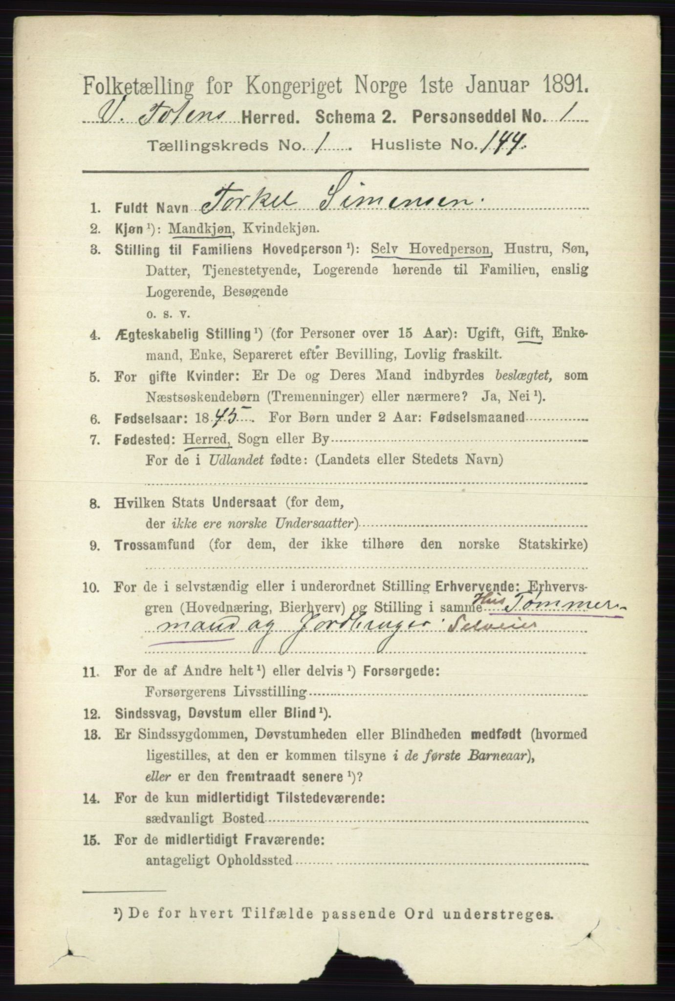 RA, 1891 census for 0529 Vestre Toten, 1891, p. 1278