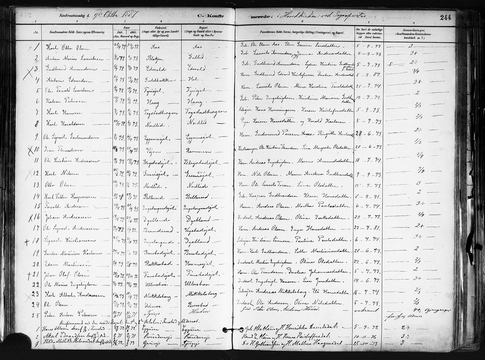 Nes prestekontor Kirkebøker, SAO/A-10410/F/Fa/L0010: Parish register (official) no. I 10, 1883-1898, p. 244