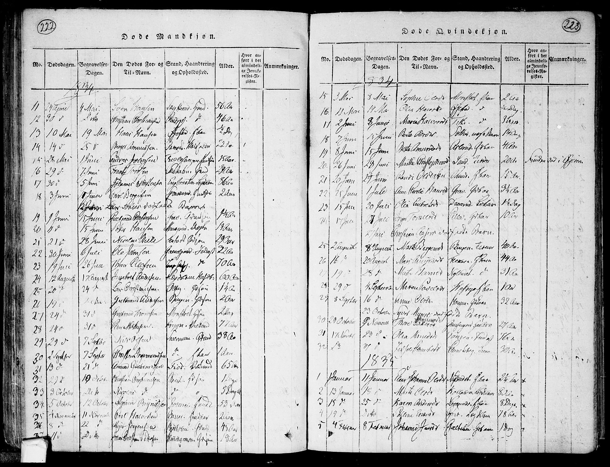 Trøgstad prestekontor Kirkebøker, SAO/A-10925/F/Fa/L0006: Parish register (official) no. I 6, 1815-1844, p. 222-223
