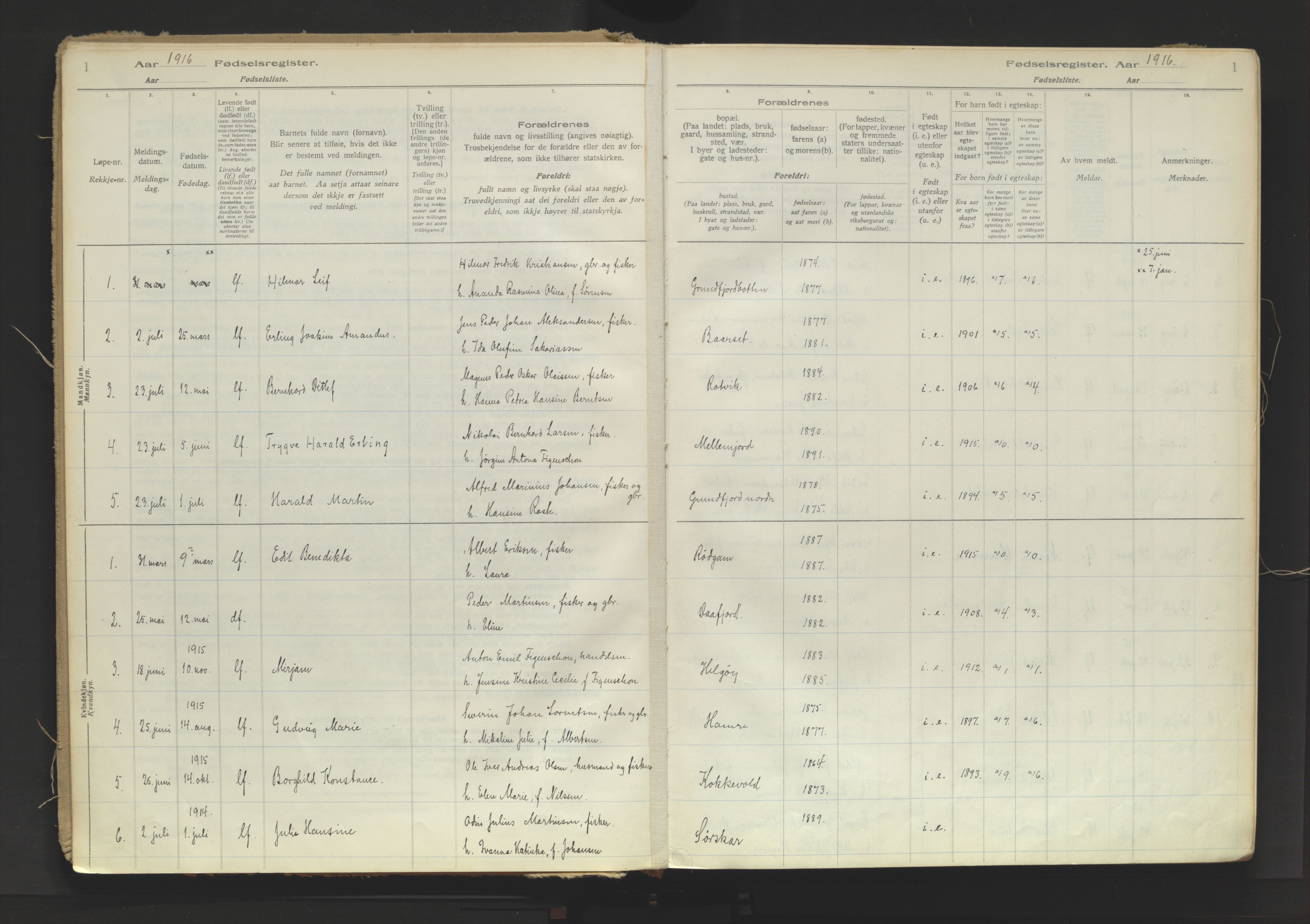 Karlsøy sokneprestembete, SATØ/S-1299/I/Ic/L0067: Birth register no. 67, 1916-1958, p. 1
