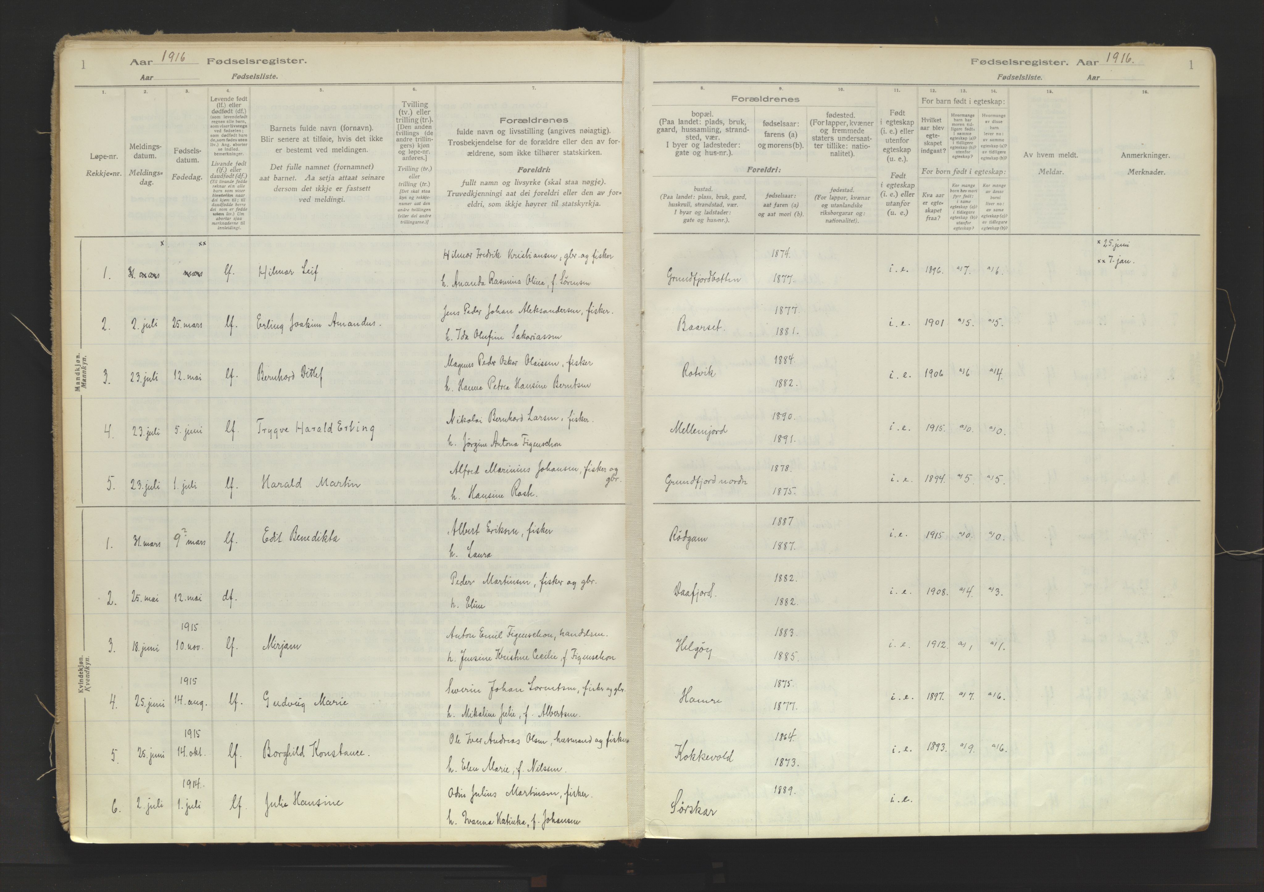 Karlsøy sokneprestembete, AV/SATØ-S-1299/I/Ic/L0067: Birth register no. 67, 1916-1958, p. 1