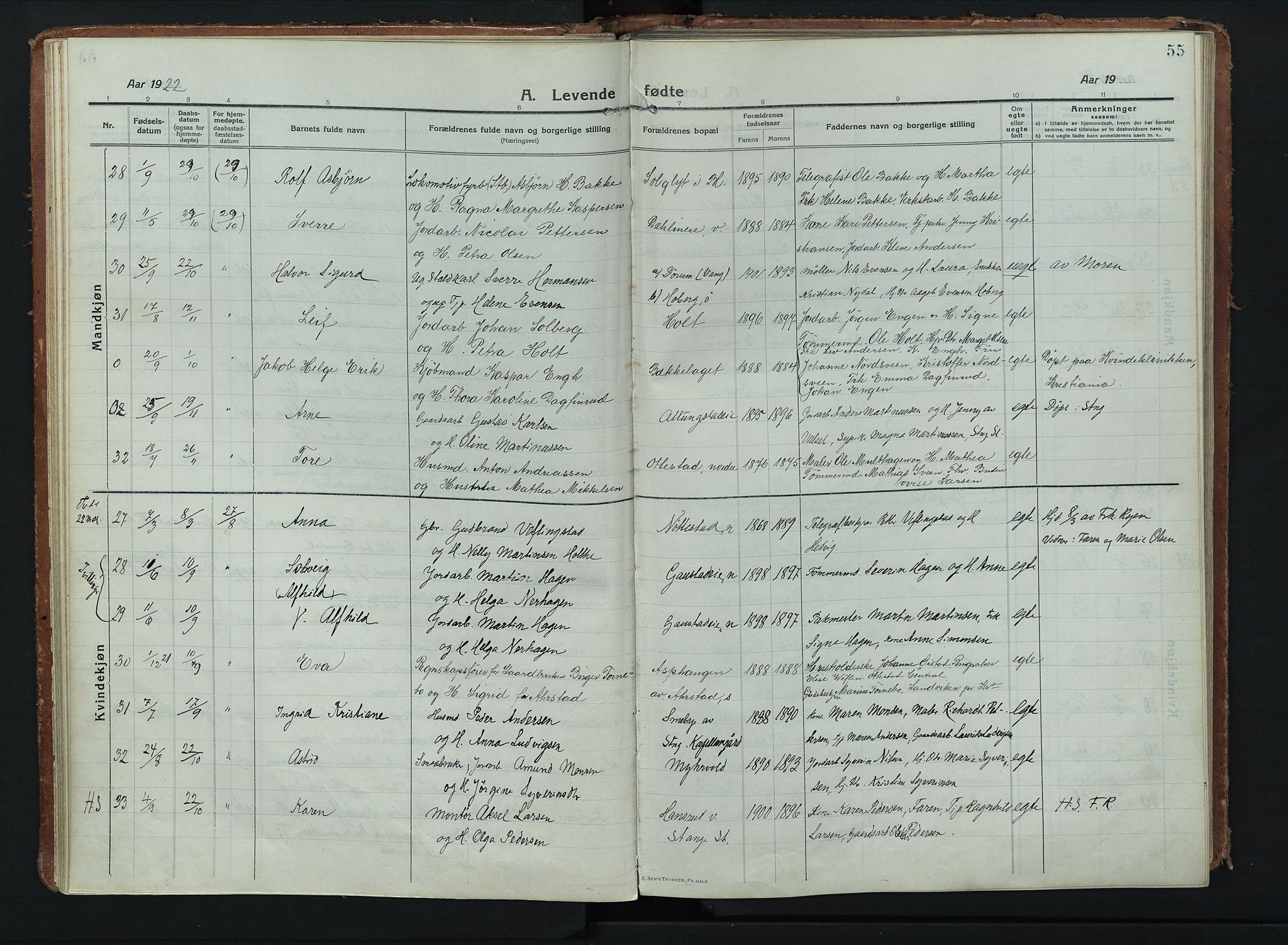 Stange prestekontor, AV/SAH-PREST-002/K/L0028: Parish register (official) no. 28, 1913-1932, p. 55