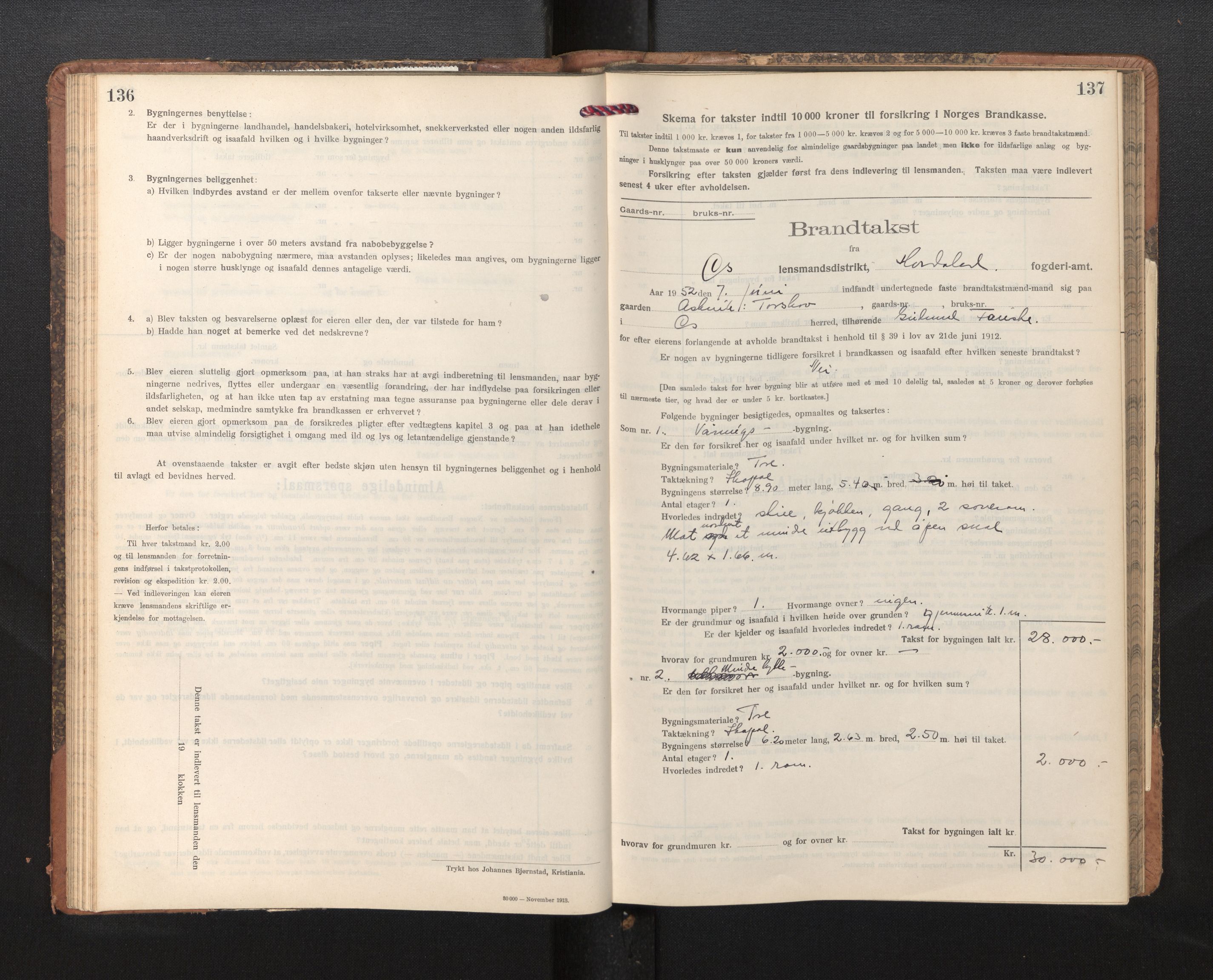 Lensmannen i Os, SAB/A-34101/0012/L0009: Branntakstprotokoll, skjematakst, 1915-1955, p. 136-137