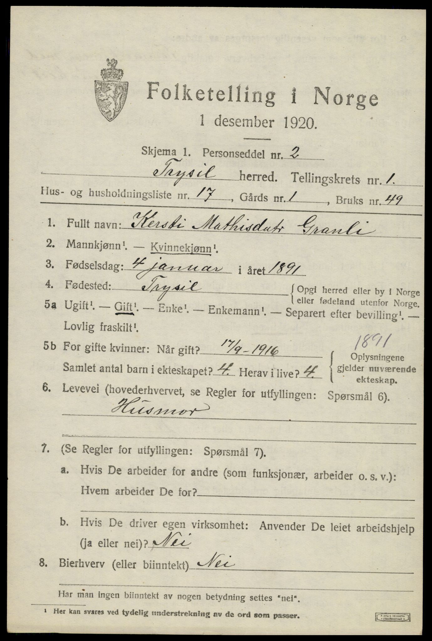 SAH, 1920 census for Trysil, 1920, p. 2751