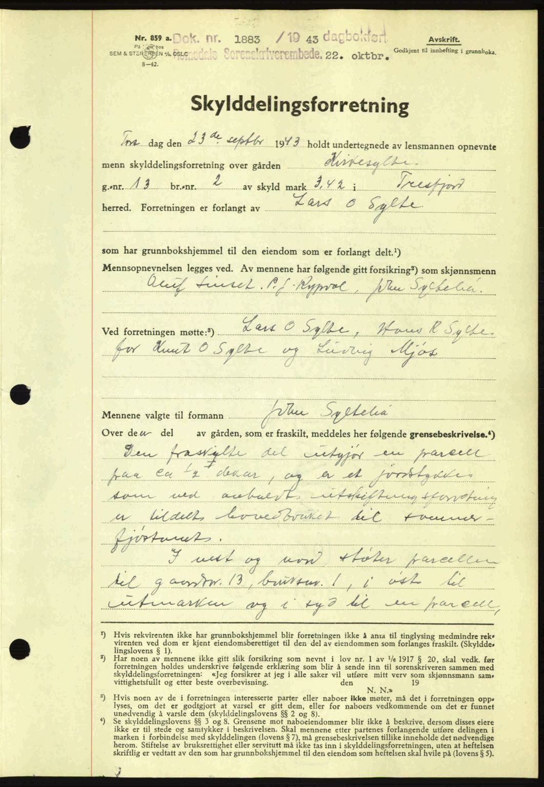 Romsdal sorenskriveri, AV/SAT-A-4149/1/2/2C: Mortgage book no. A15, 1943-1944, Diary no: : 1883/1943