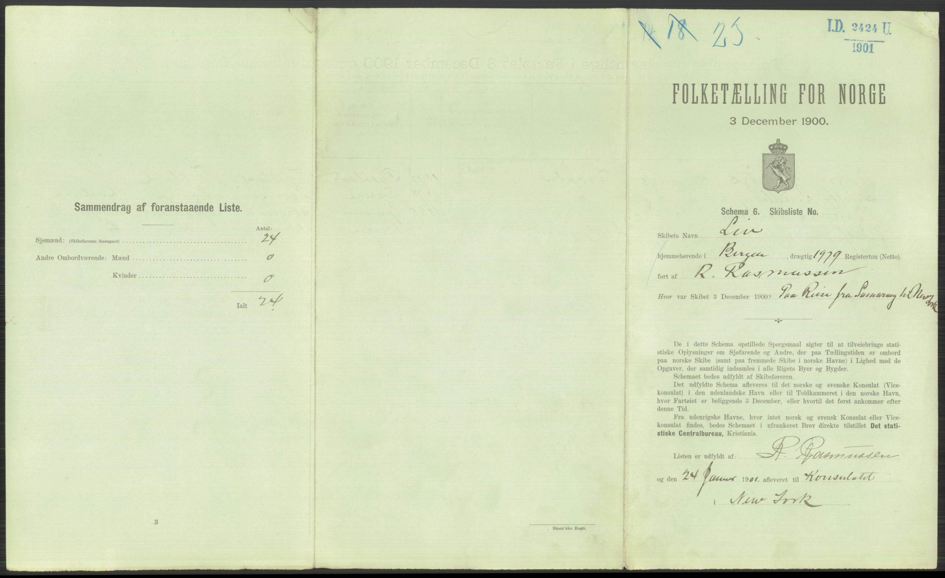 RA, 1900 Census - ship lists from ships in Norwegian harbours, harbours abroad and at sea, 1900, p. 6207