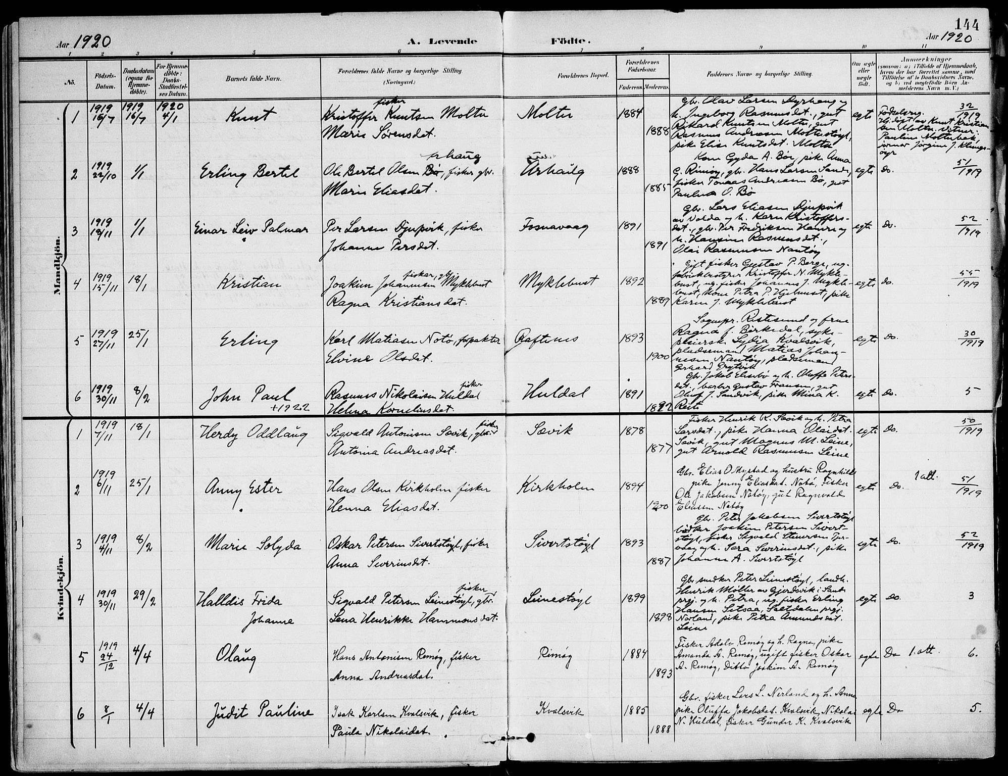 Ministerialprotokoller, klokkerbøker og fødselsregistre - Møre og Romsdal, SAT/A-1454/507/L0075: Parish register (official) no. 507A10, 1901-1920, p. 144