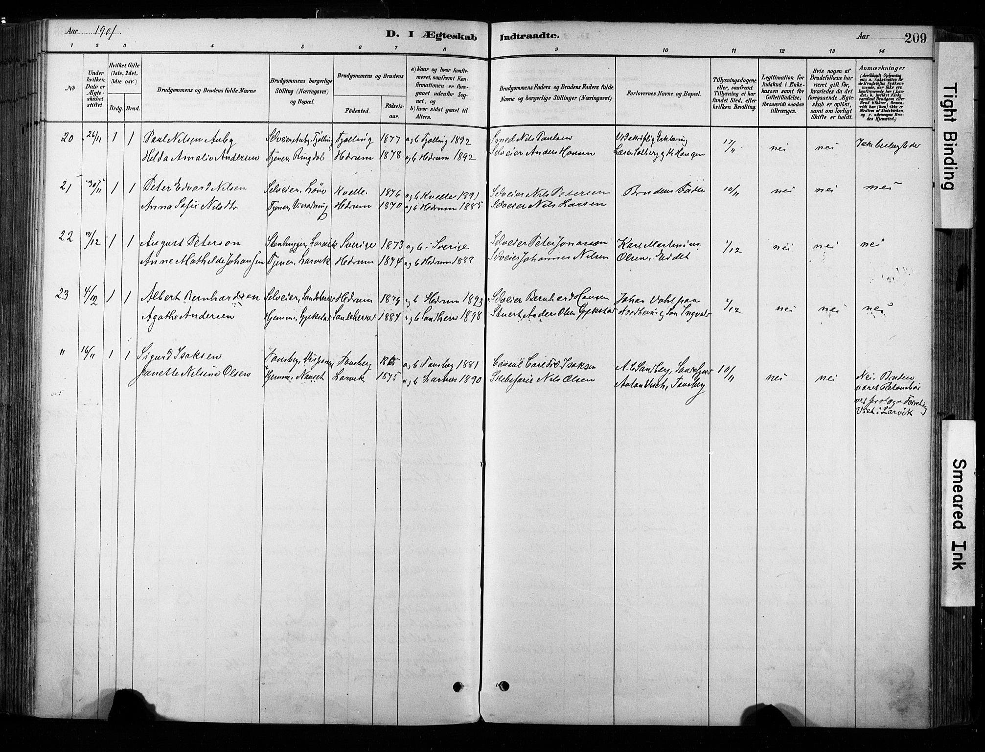 Hedrum kirkebøker, AV/SAKO-A-344/F/Fa/L0009: Parish register (official) no. I 9, 1881-1903, p. 209