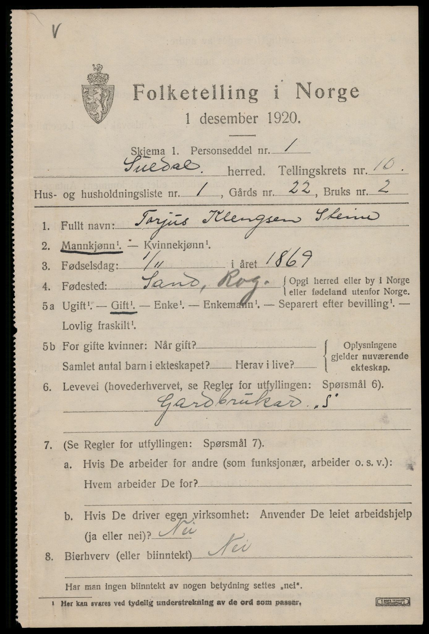 SAST, 1920 census for Suldal, 1920, p. 2704