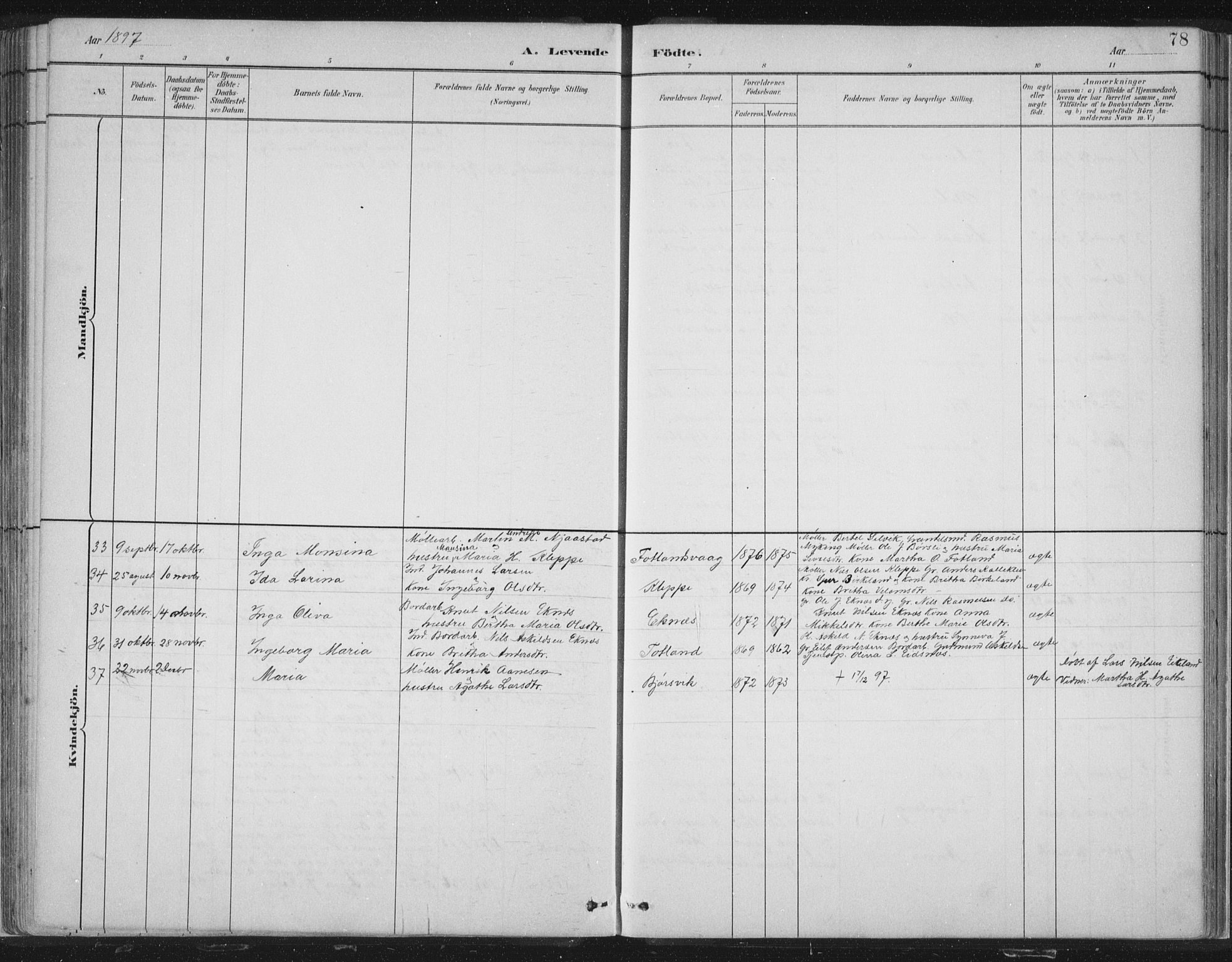 Hosanger sokneprestembete, SAB/A-75801/H/Hab: Parish register (copy) no. A 3 I, 1882-1903, p. 78