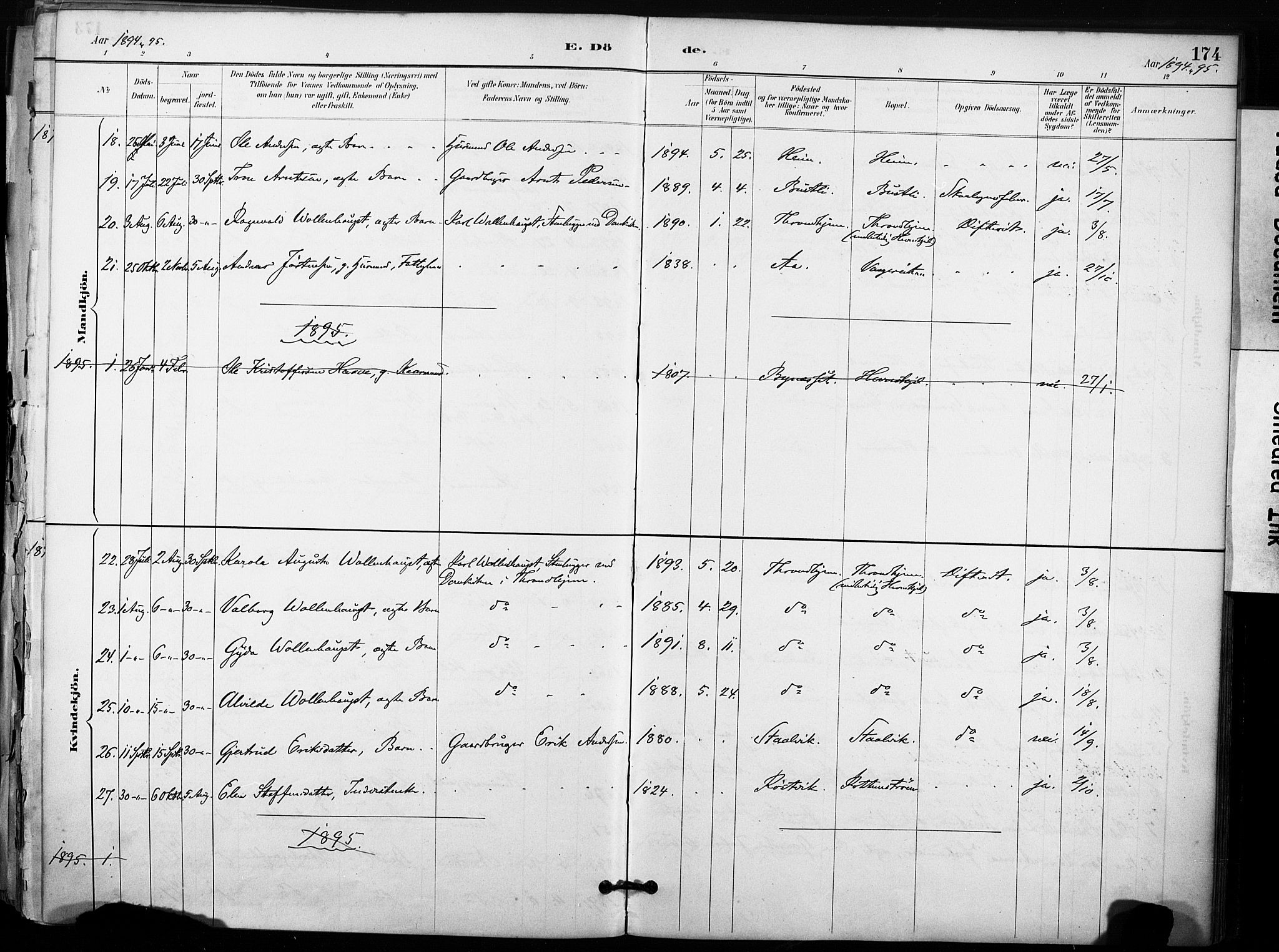 Ministerialprotokoller, klokkerbøker og fødselsregistre - Sør-Trøndelag, SAT/A-1456/633/L0518: Parish register (official) no. 633A01, 1884-1906, p. 174