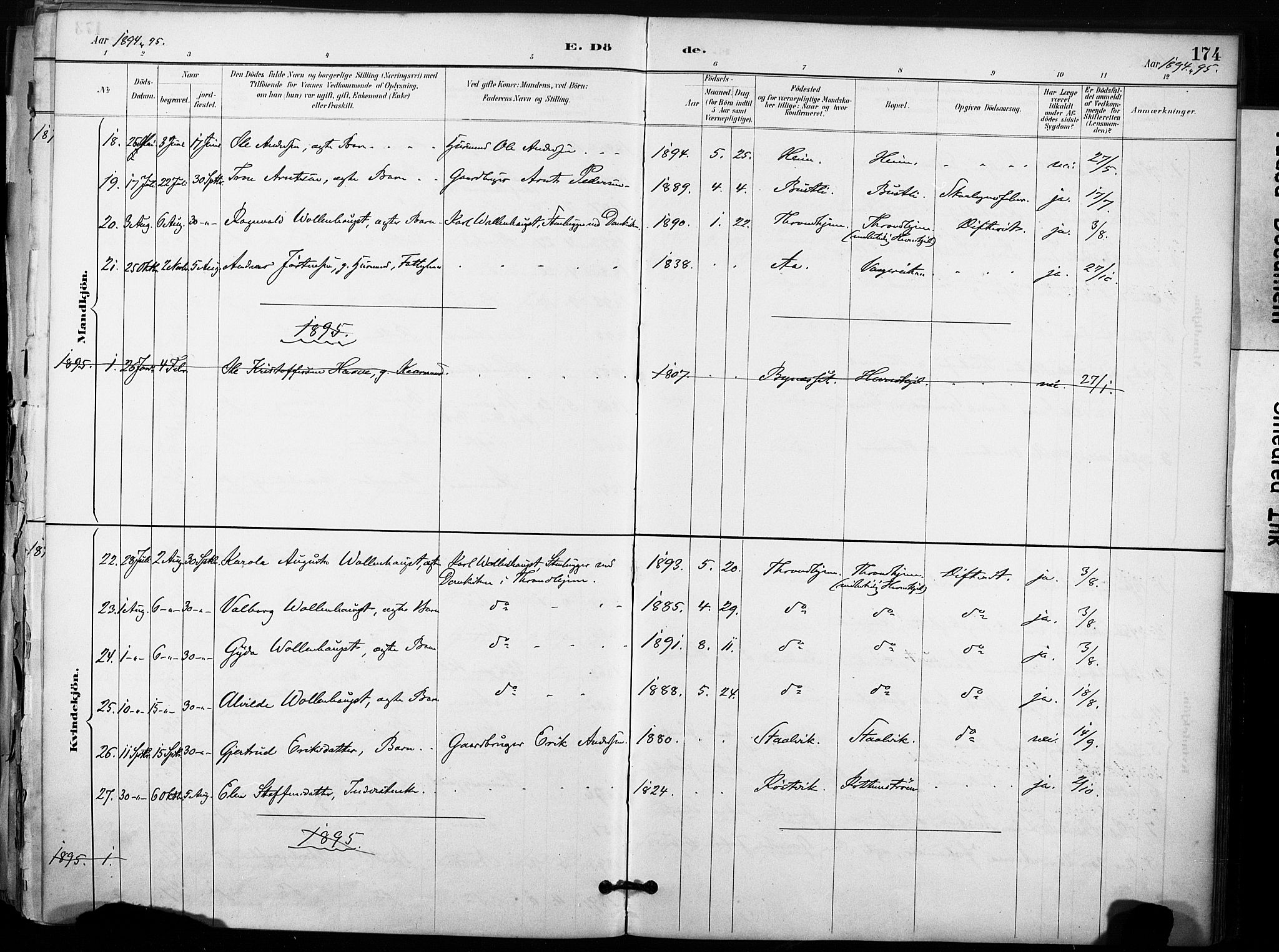 Ministerialprotokoller, klokkerbøker og fødselsregistre - Sør-Trøndelag, AV/SAT-A-1456/633/L0518: Parish register (official) no. 633A01, 1884-1906, p. 174