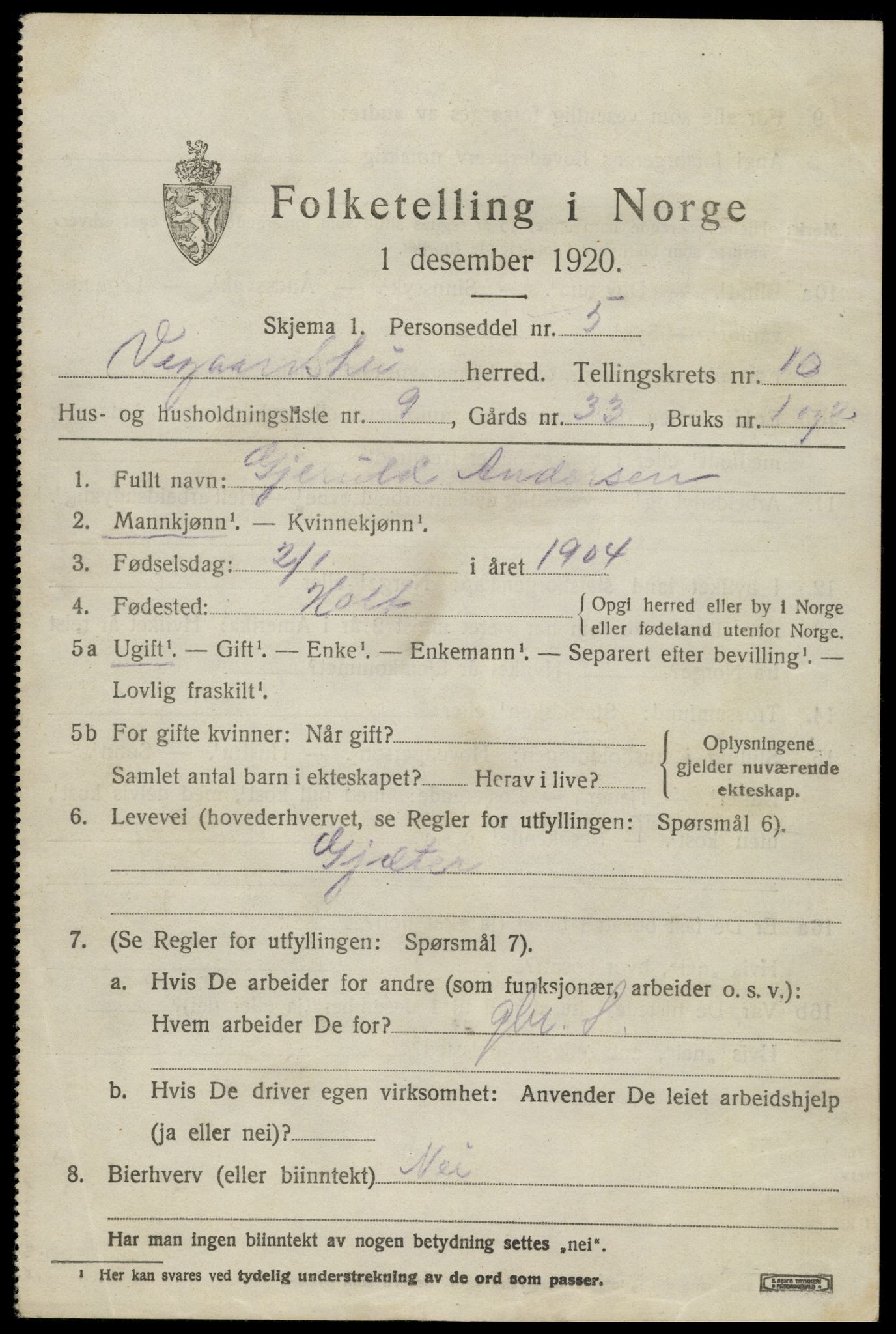 SAK, 1920 census for Vegårshei, 1920, p. 3420