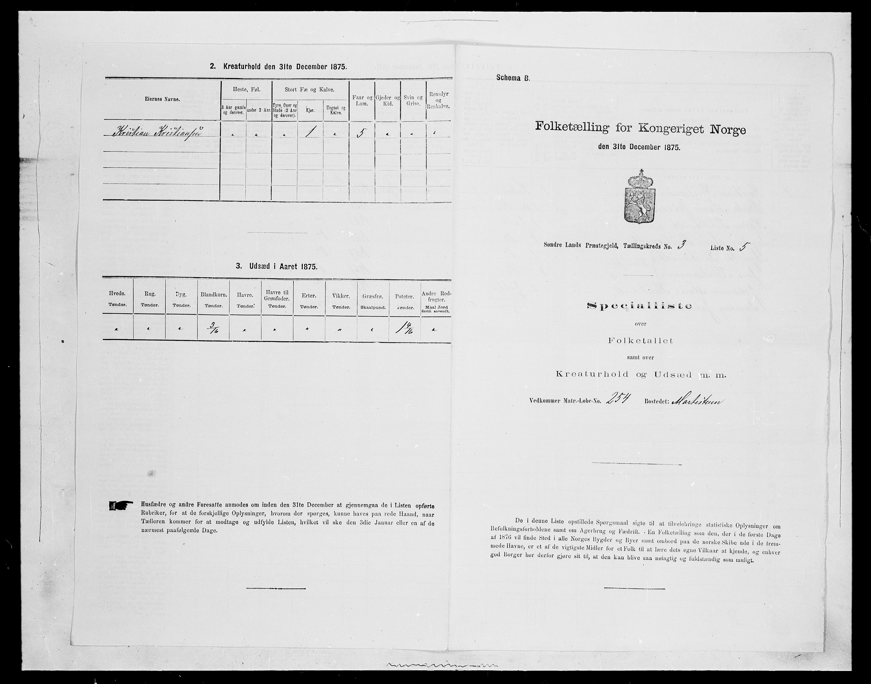 SAH, 1875 census for 0536P Søndre Land, 1875, p. 461