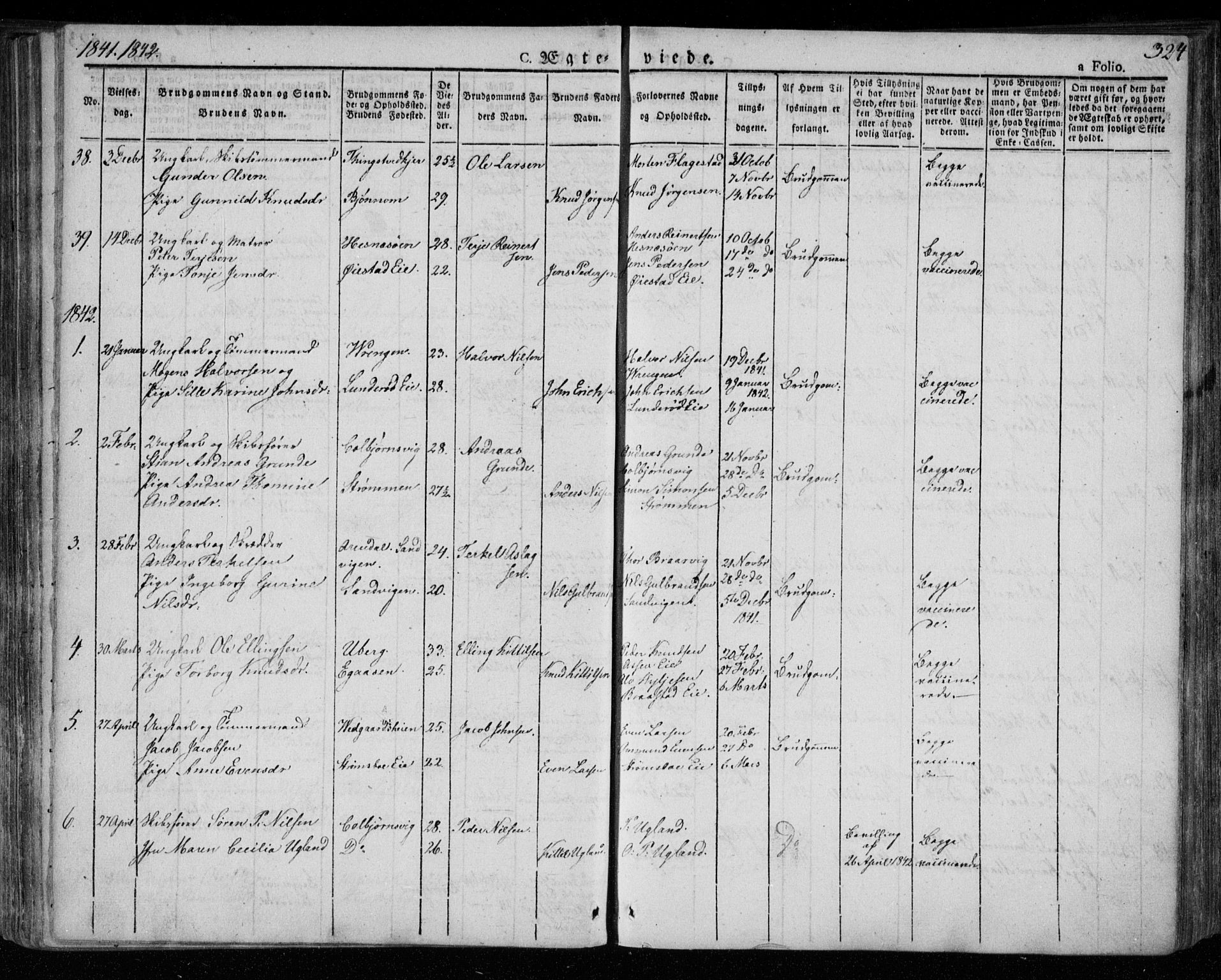 Øyestad sokneprestkontor, AV/SAK-1111-0049/F/Fa/L0013: Parish register (official) no. A 13, 1827-1842, p. 324