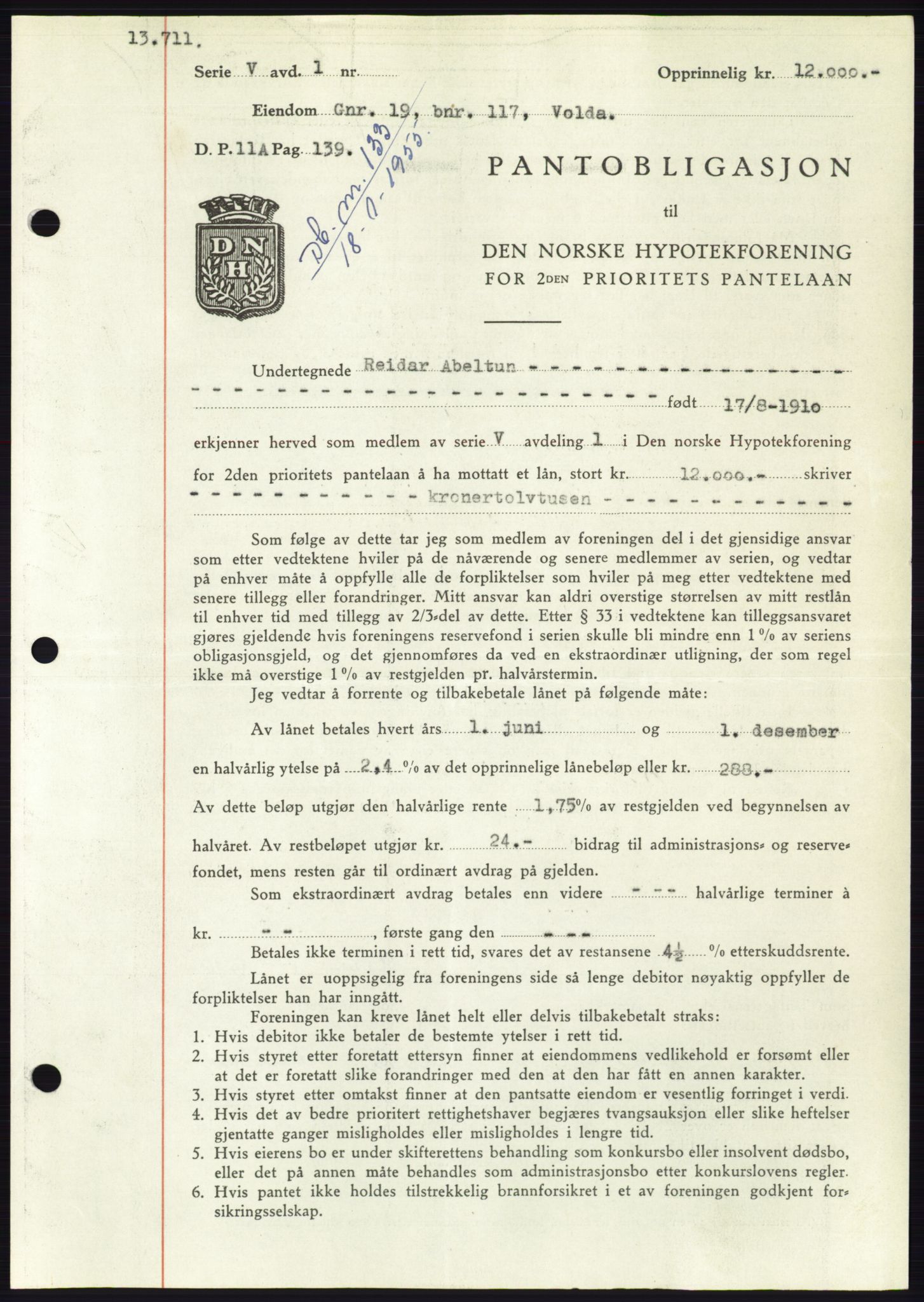 Søre Sunnmøre sorenskriveri, AV/SAT-A-4122/1/2/2C/L0126: Mortgage book no. 14B, 1954-1955, Diary no: : 133/1955