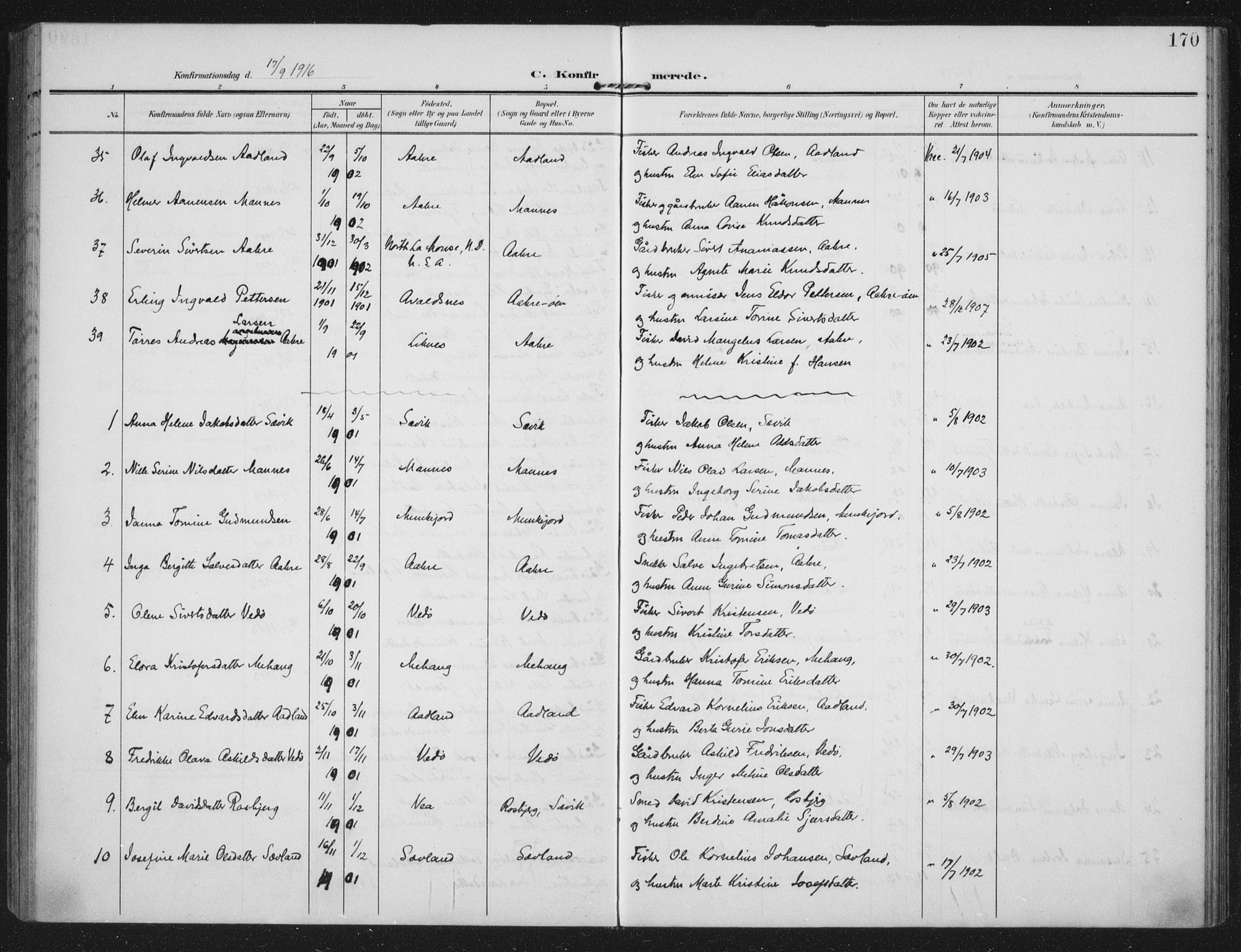 Kopervik sokneprestkontor, AV/SAST-A-101850/H/Ha/Haa/L0005: Parish register (official) no. A 5, 1906-1924, p. 170