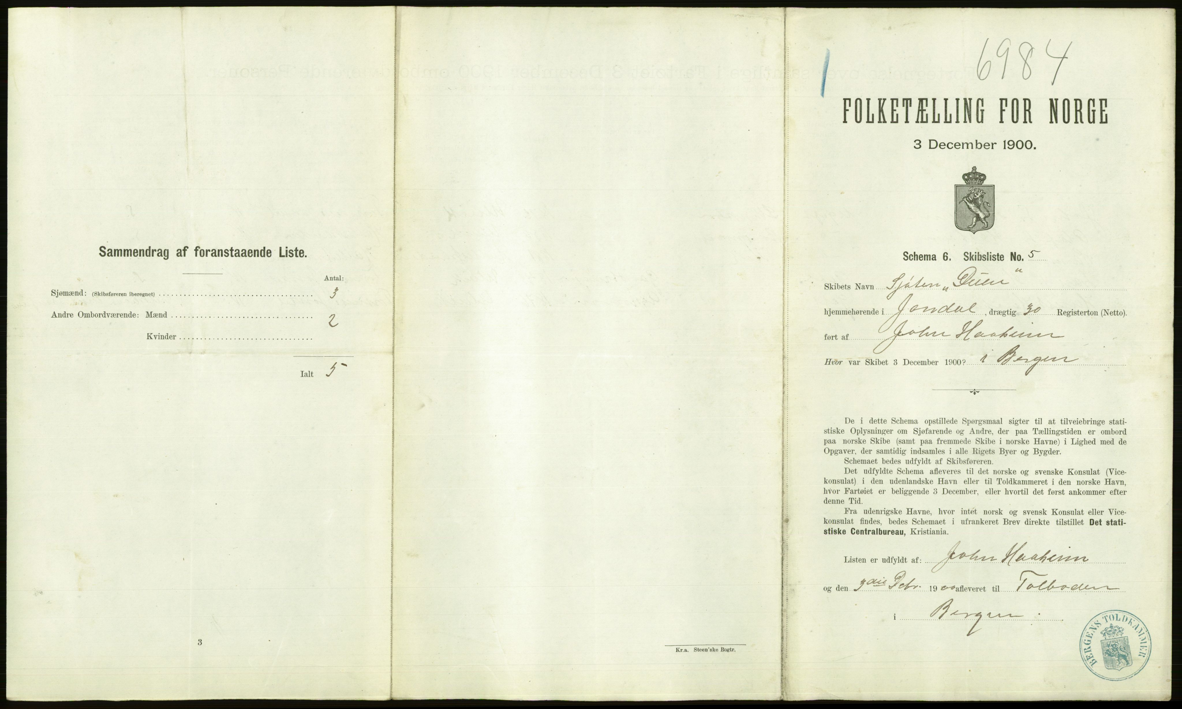 RA, 1900 Census - ship lists from ships in Norwegian harbours, harbours abroad and at sea, 1900, p. 1179