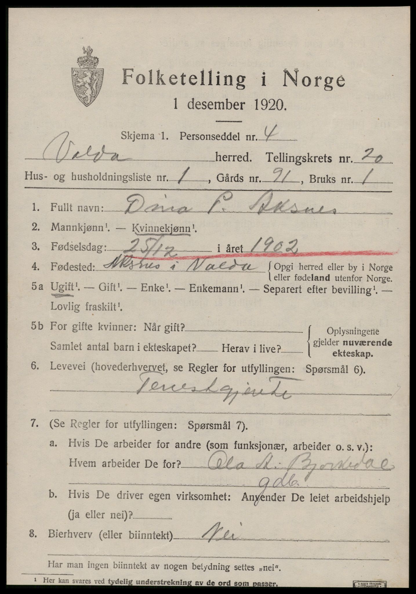 SAT, 1920 census for Volda, 1920, p. 10516