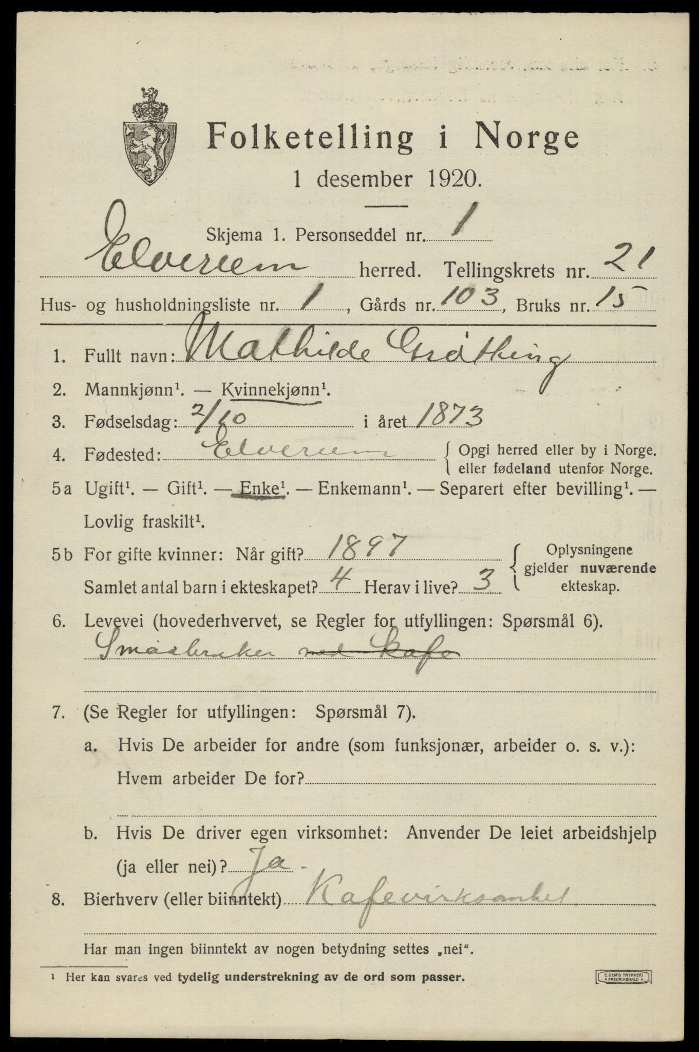 SAH, 1920 census for Elverum, 1920, p. 23824