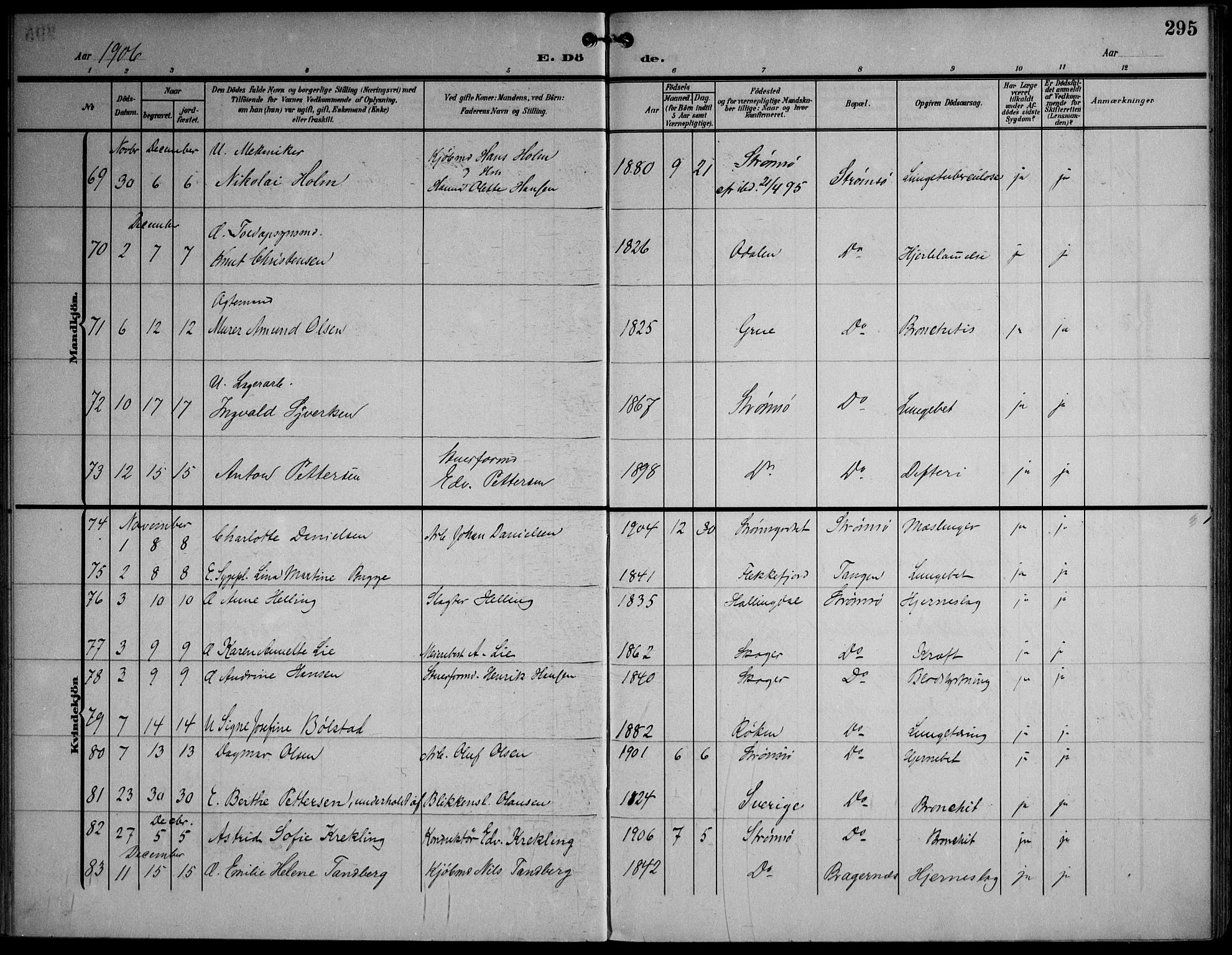 Strømsø kirkebøker, SAKO/A-246/F/Fa/L0026: Parish register (official) no. I 26, 1905-1914, p. 295