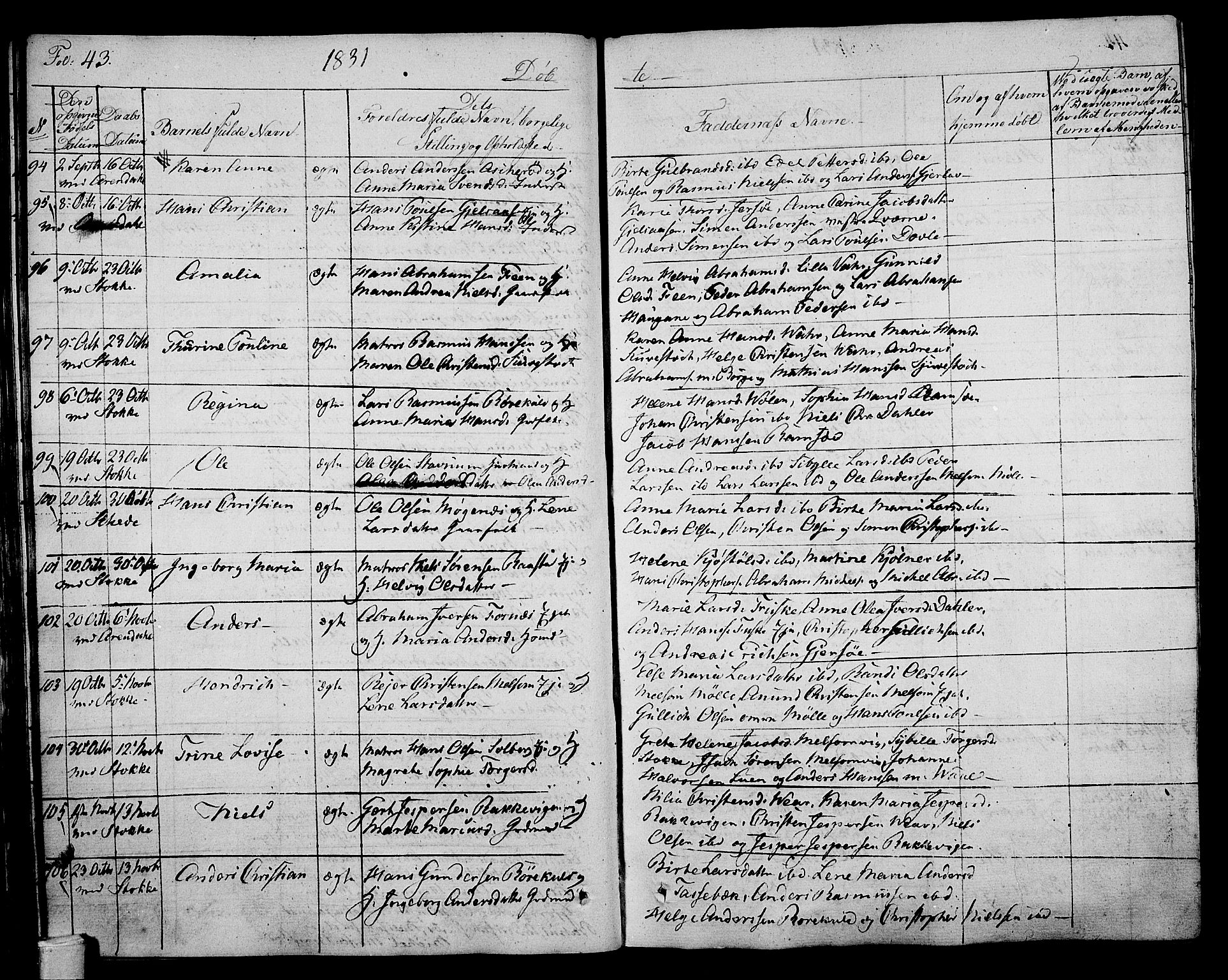 Stokke kirkebøker, SAKO/A-320/F/Fa/L0006: Parish register (official) no. I 6, 1826-1843, p. 43
