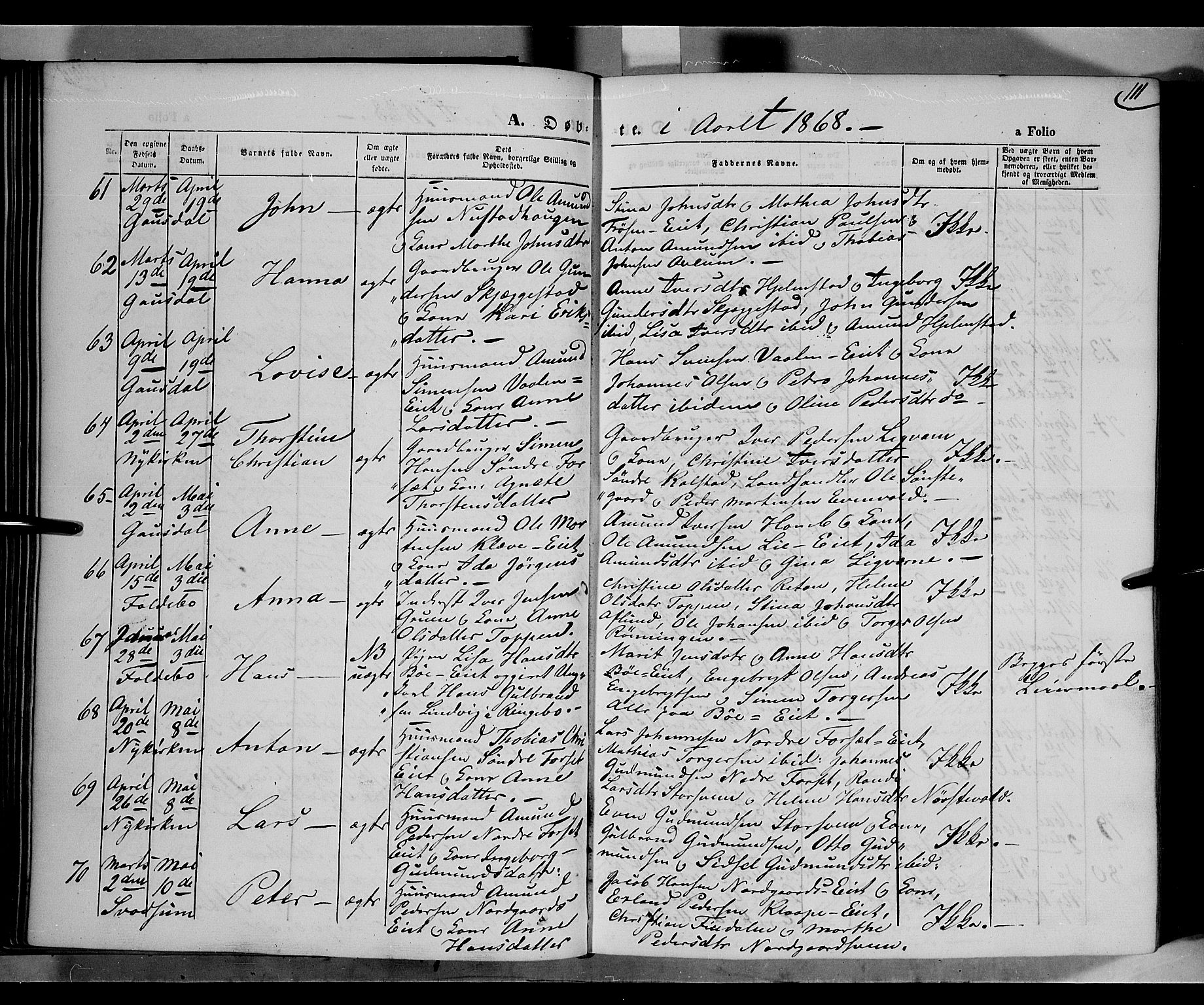 Gausdal prestekontor, SAH/PREST-090/H/Ha/Haa/L0009: Parish register (official) no. 9, 1862-1873, p. 111