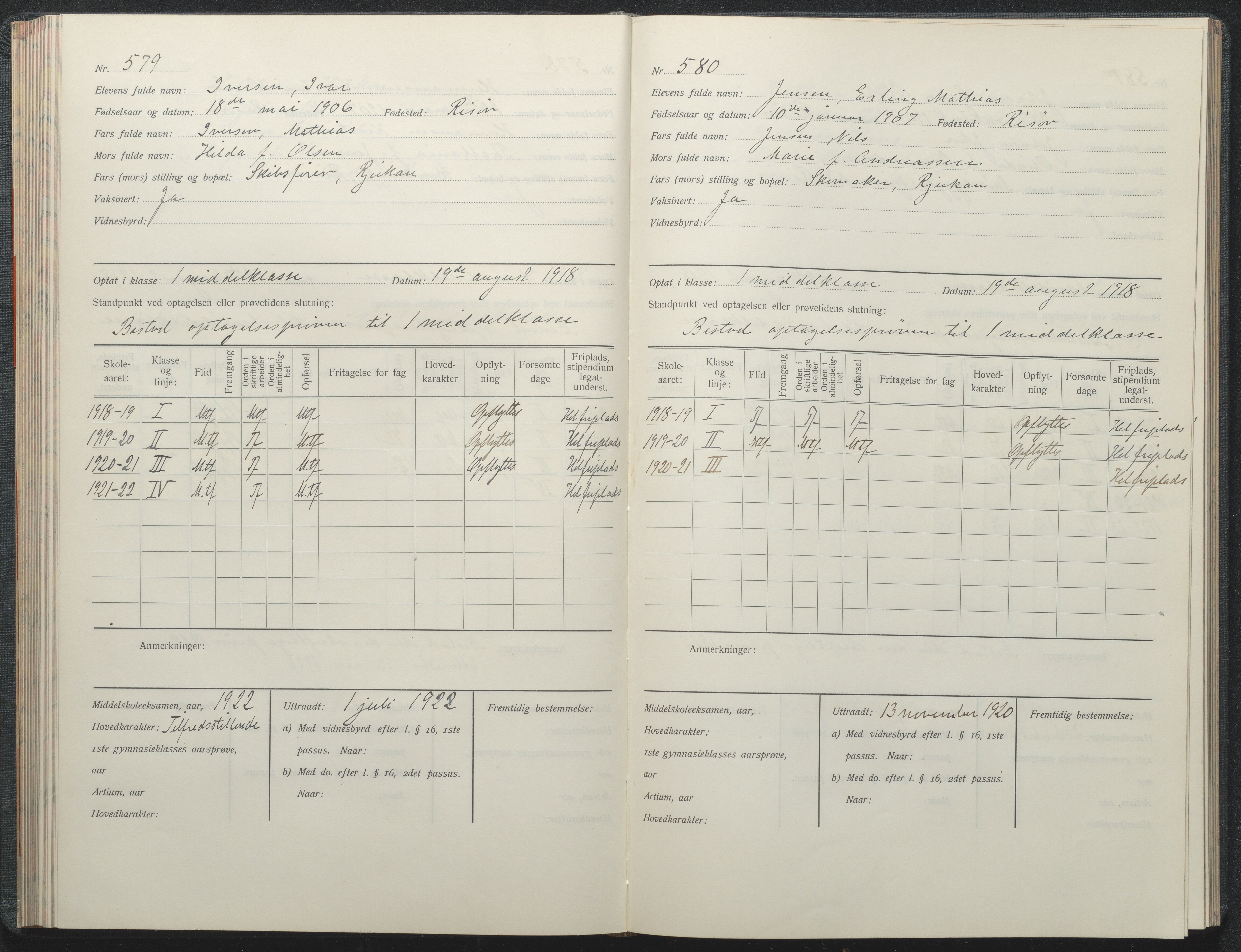 Risør kommune, AAKS/KA0901-PK/1/05/05i/L0002: Manntallsprotokoll, 1911-1925, p. 579-580