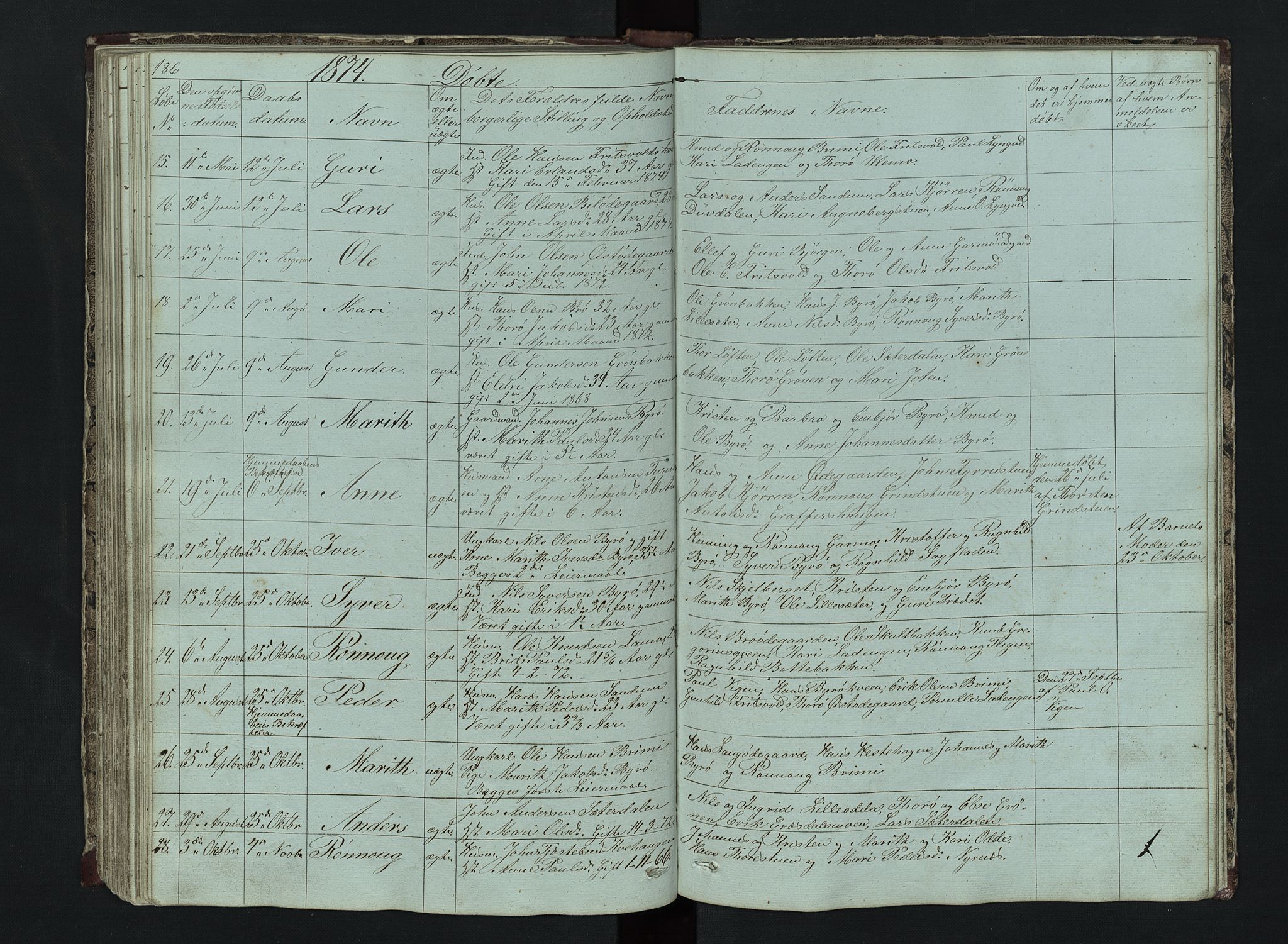 Lom prestekontor, SAH/PREST-070/L/L0014: Parish register (copy) no. 14, 1845-1876, p. 186-187