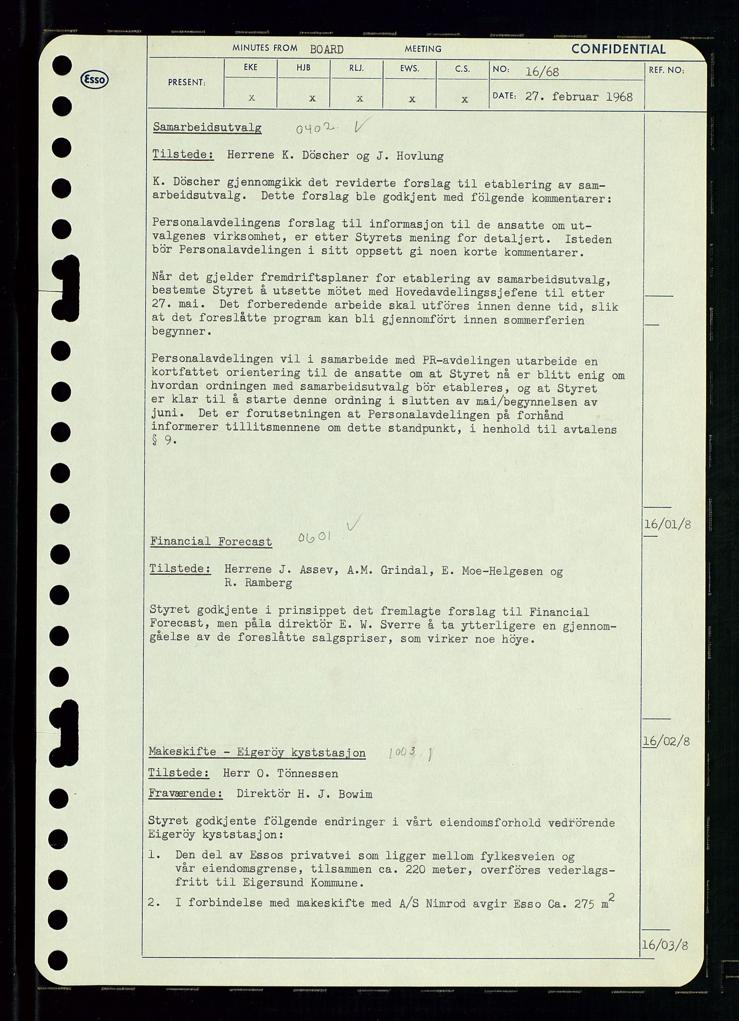 Pa 0982 - Esso Norge A/S, AV/SAST-A-100448/A/Aa/L0002/0004: Den administrerende direksjon Board minutes (styrereferater) / Den administrerende direksjon Board minutes (styrereferater), 1968, p. 27