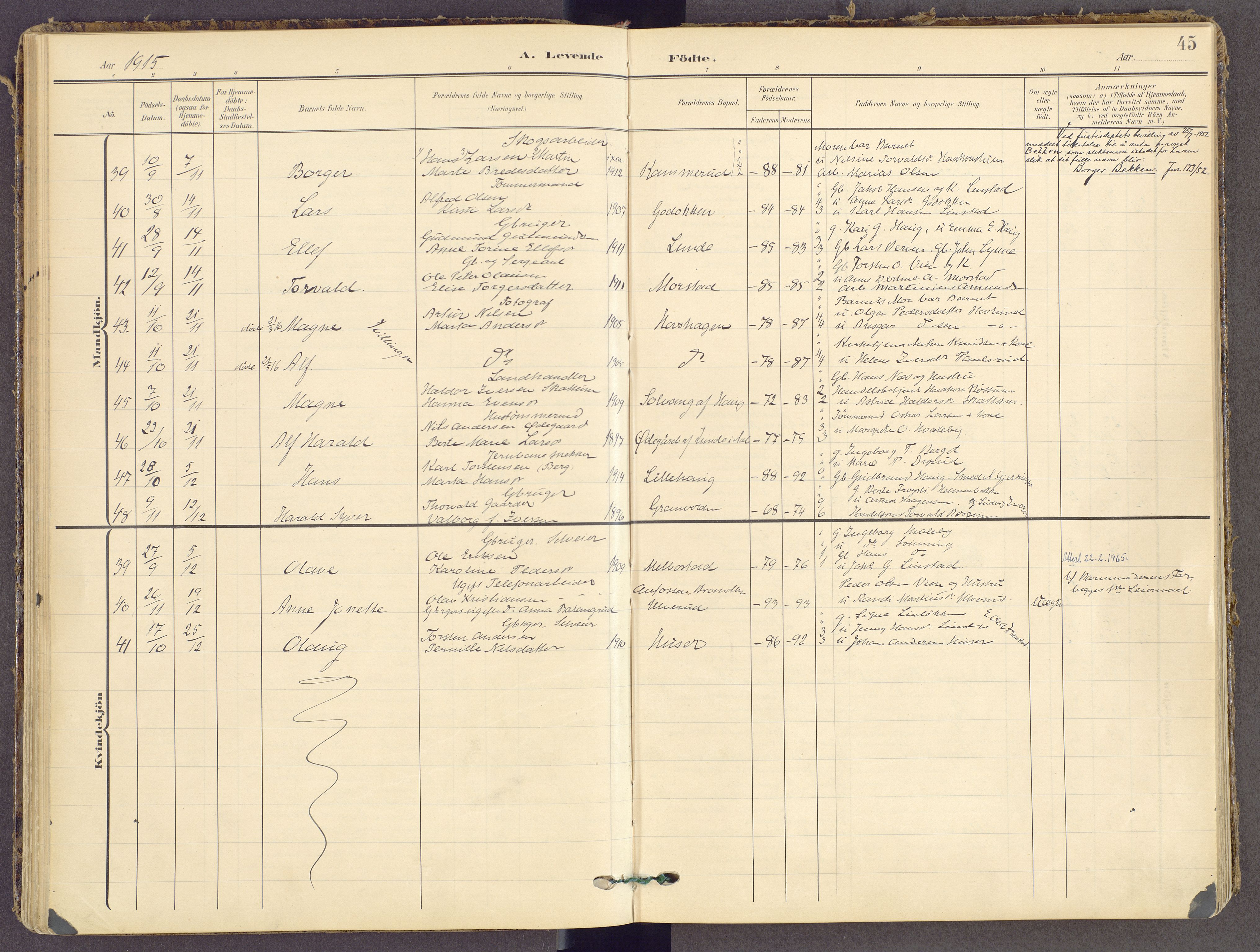 Gran prestekontor, SAH/PREST-112/H/Ha/Haa/L0021: Parish register (official) no. 21, 1908-1932, p. 45