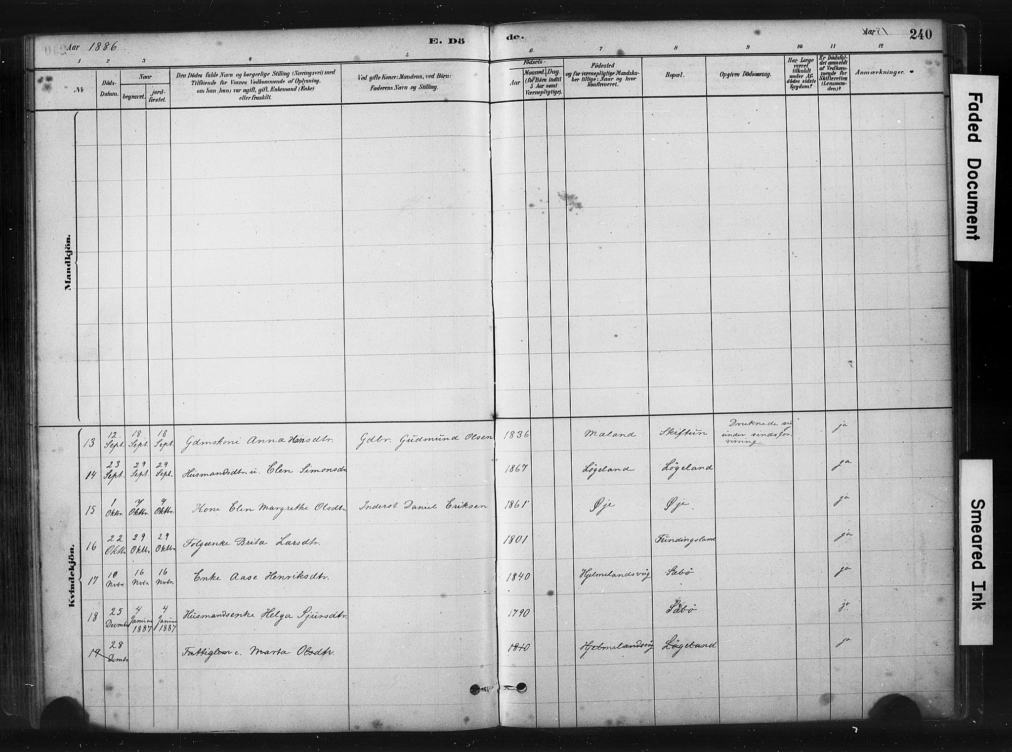 Hjelmeland sokneprestkontor, AV/SAST-A-101843/01/IV/L0014: Parish register (official) no. A 14, 1879-1900, p. 240