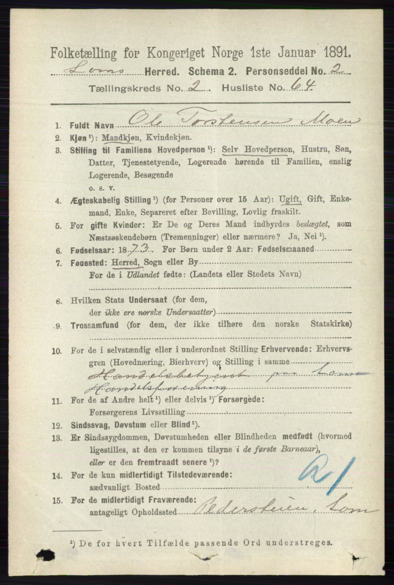 RA, 1891 census for 0514 Lom, 1891, p. 1221