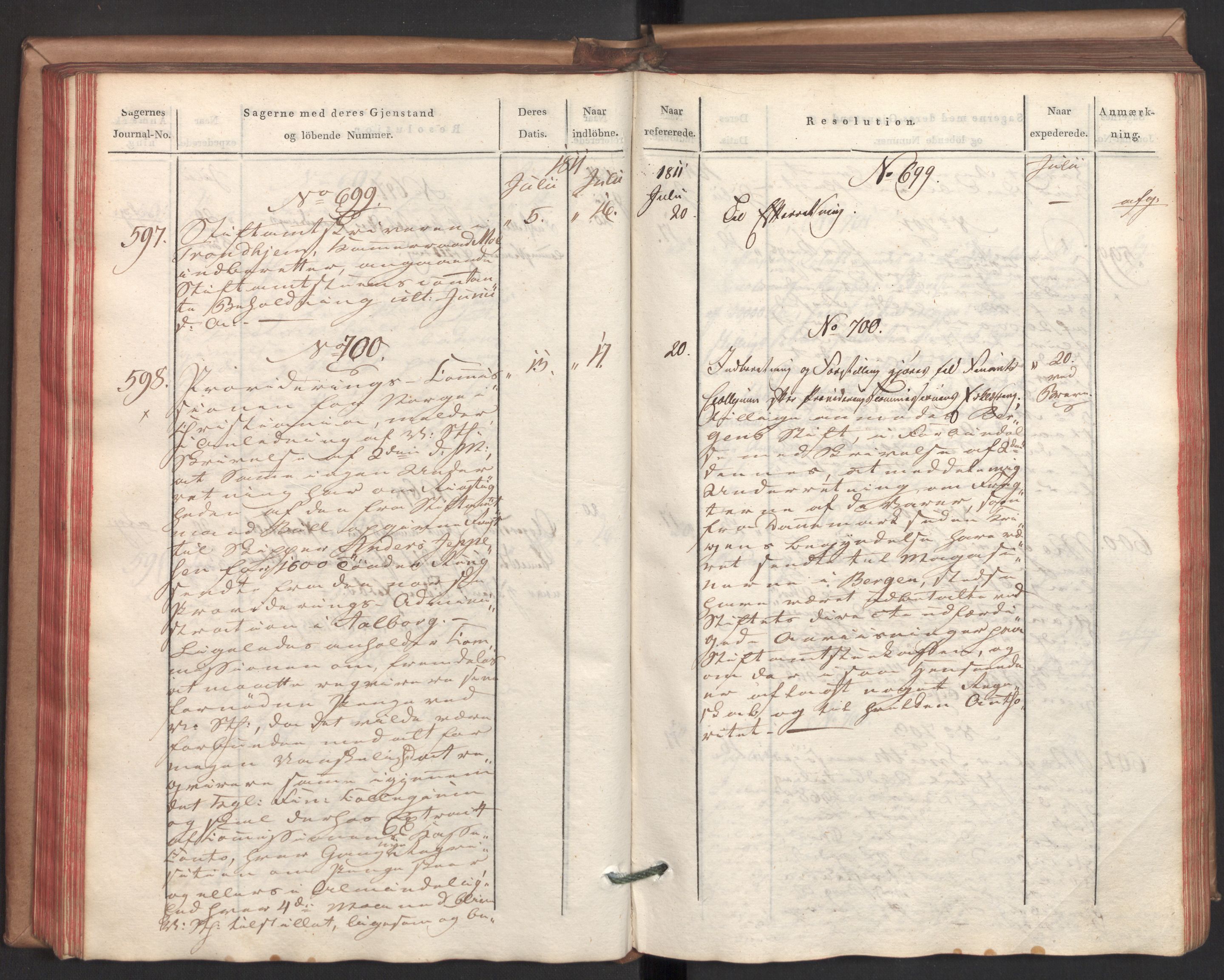 Stattholderembetet 1810-1814, 2. kontor (Kontor B), AV/RA-EA-5432/Ab/L0002: Referatprotokoll,  j.nr. 291-1001,  l.nr. 348-1179, 1811, p. 119